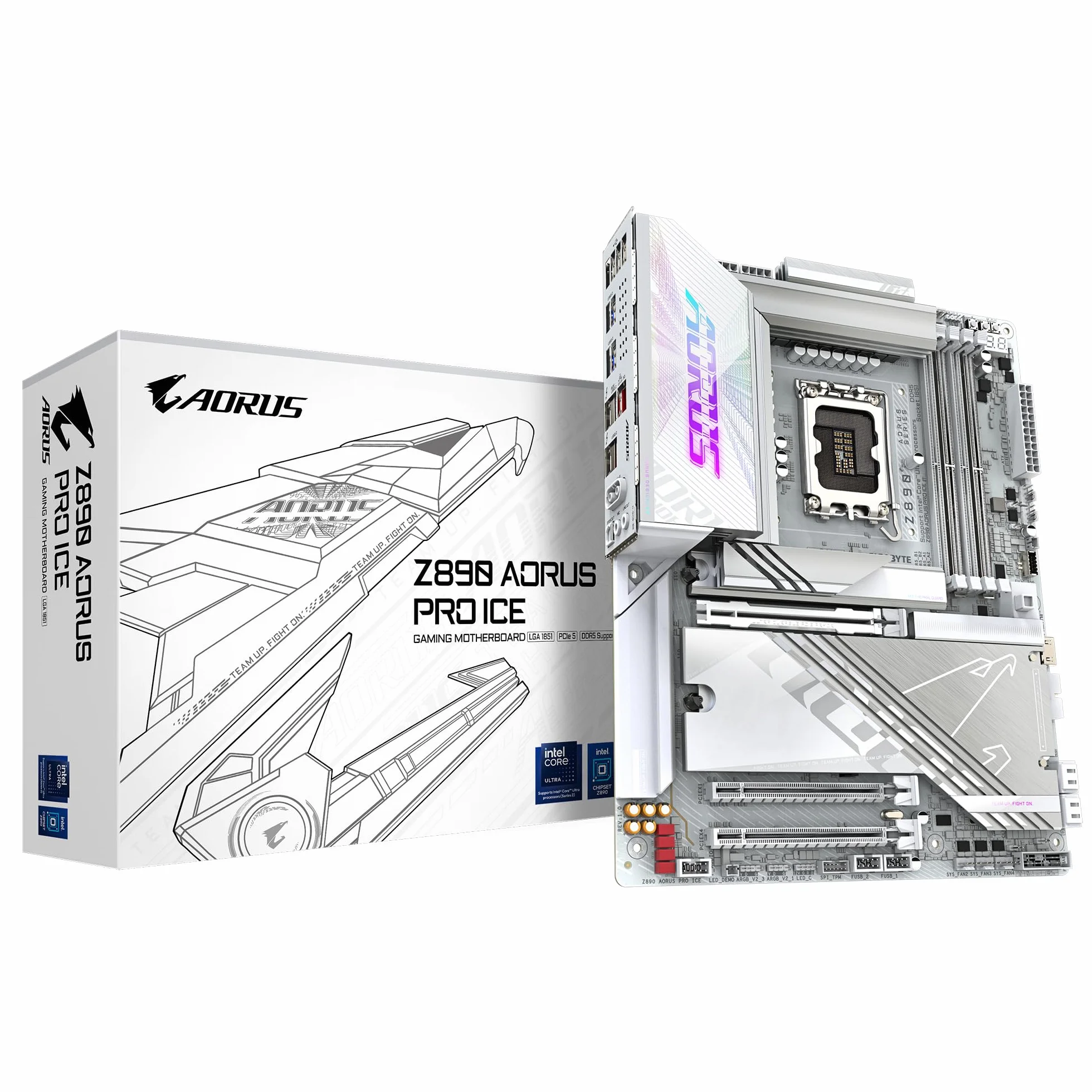 Płyta główna GIGABYTE Z890 AORUS Pro Ice - kompatybilna z procesorami Intel Core Ultra (seria 2), 16+1+2 fazy VRM, do 9500 MHz DDR5 (OC), 1xPCIe 5.0 + 4xPCIe 4.0, Wi-Fi 7, LAN 5 GbE, Thunderbolt 4