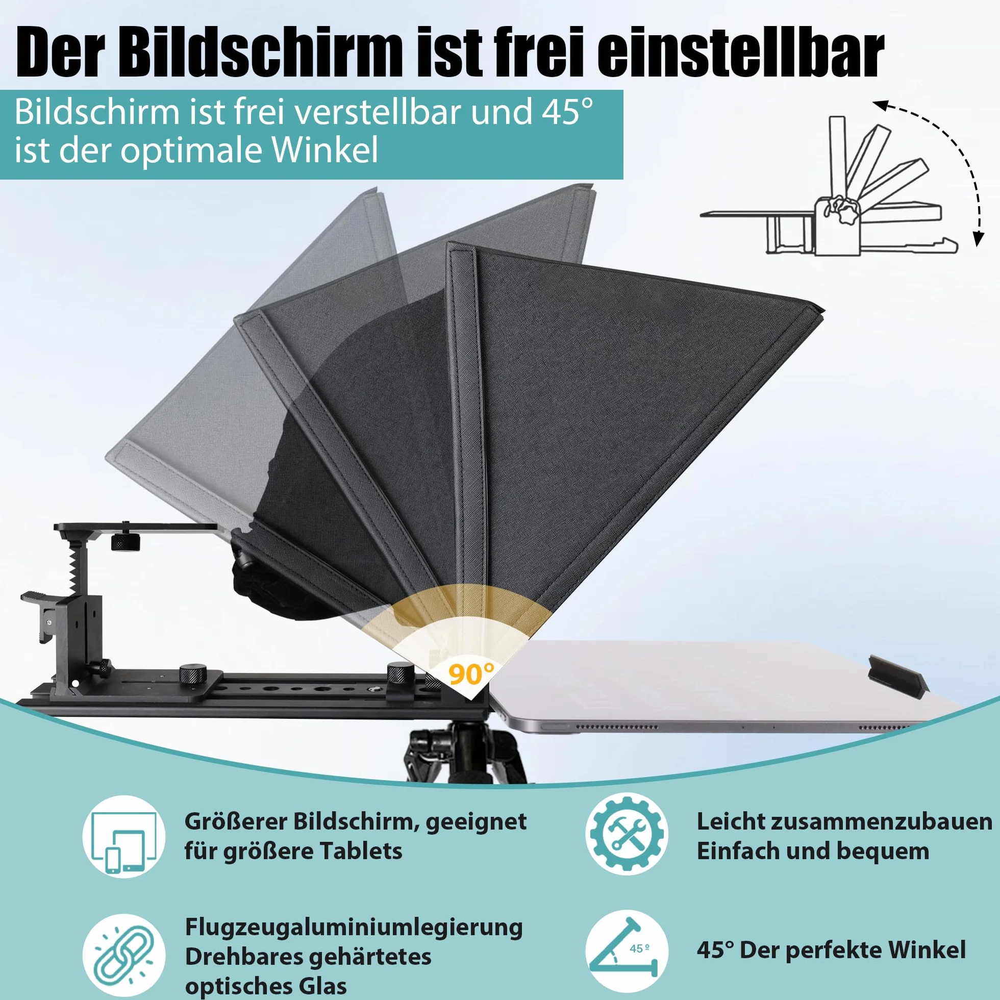 Teleprompter 16", z pilotem zdalnego sterowania i aplikacją Prompter, szkło spektroskopowe 70/30, aluminiowa rama, nadaje się do krótkich filmów i przemówień