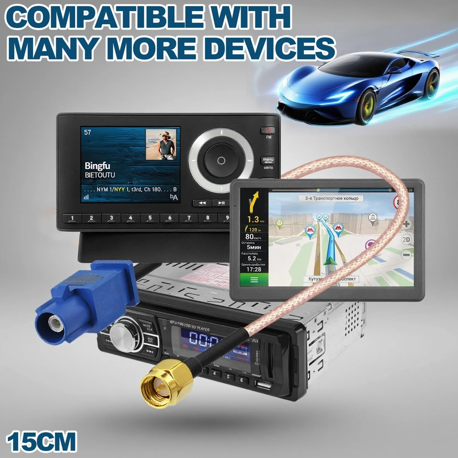 Bingfu Kabel adaptera anteny GPS do pojazdu SMA męski na Fakra C męski niebieski koncentryczny kabel pigtail 15 cm 6 cali do pojazdów ciężarowych SUV-ów samochodowych radioodtwarzacza stereo nawigacji