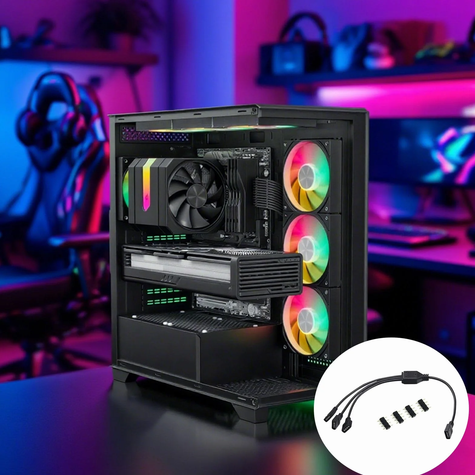 ARGB kabel rozgałęźny 4-pinowy 12 V koncentrator wentylatora RGB do obudowy i chłodnicy CPU czarny (1 gniazdo na 3 wtyczki)