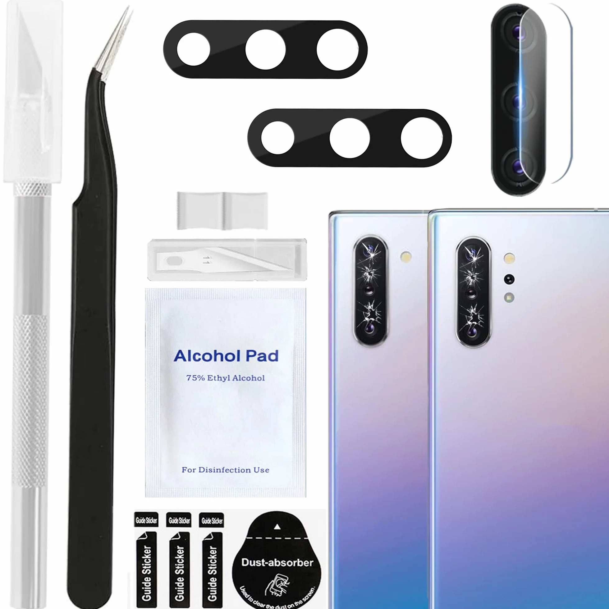 2 szt. części zamienne do szklanych soczewek tylnej kamery do Samsung Galaxy Note 10 i Note 10 Plus SM-N970 SM-N975 i osłona obiektywu aparatu z wstępnie zainstalowanym klejem i zestawem