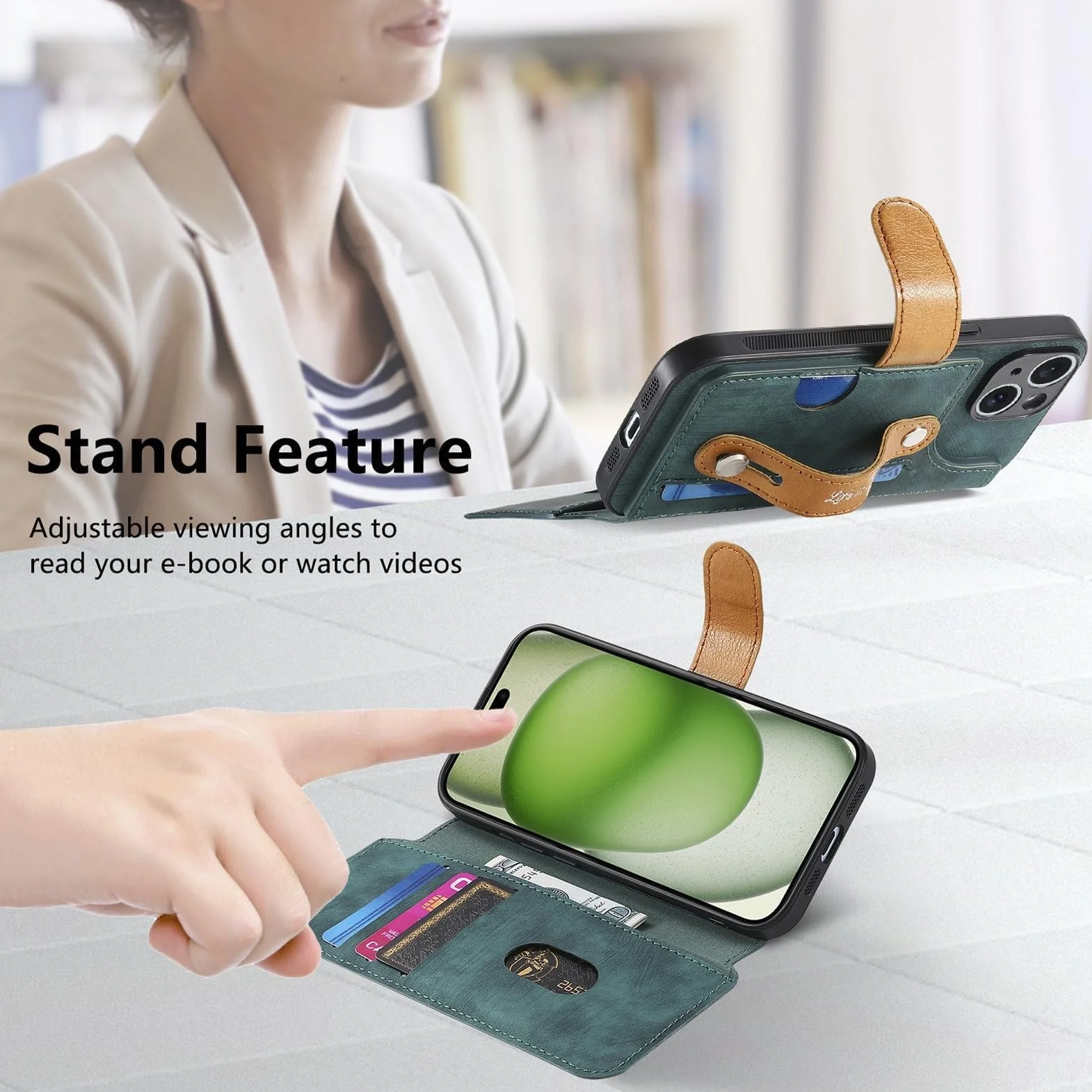 Generisch Etui na telefon komórkowy iPhone 16/16 Plus/16 Pro / 16 Pro Max, etui z klapką, etui na telefon komórkowy, blokujące gniazdo kart RFID, pasek na rękę, etui ze skóry zapobiegającej upadkowi
