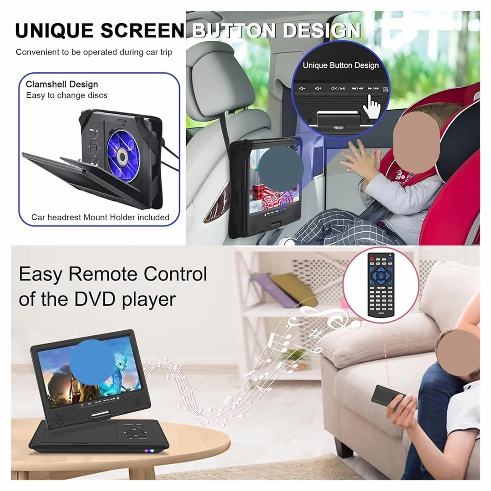 Odtwarzacz DVD, 12-calowy przenośny odtwarzacz DVD z obsługą wideo w wysokiej rozdzielczości, bezprzewodowy kompatybilny technologią Bluetooth