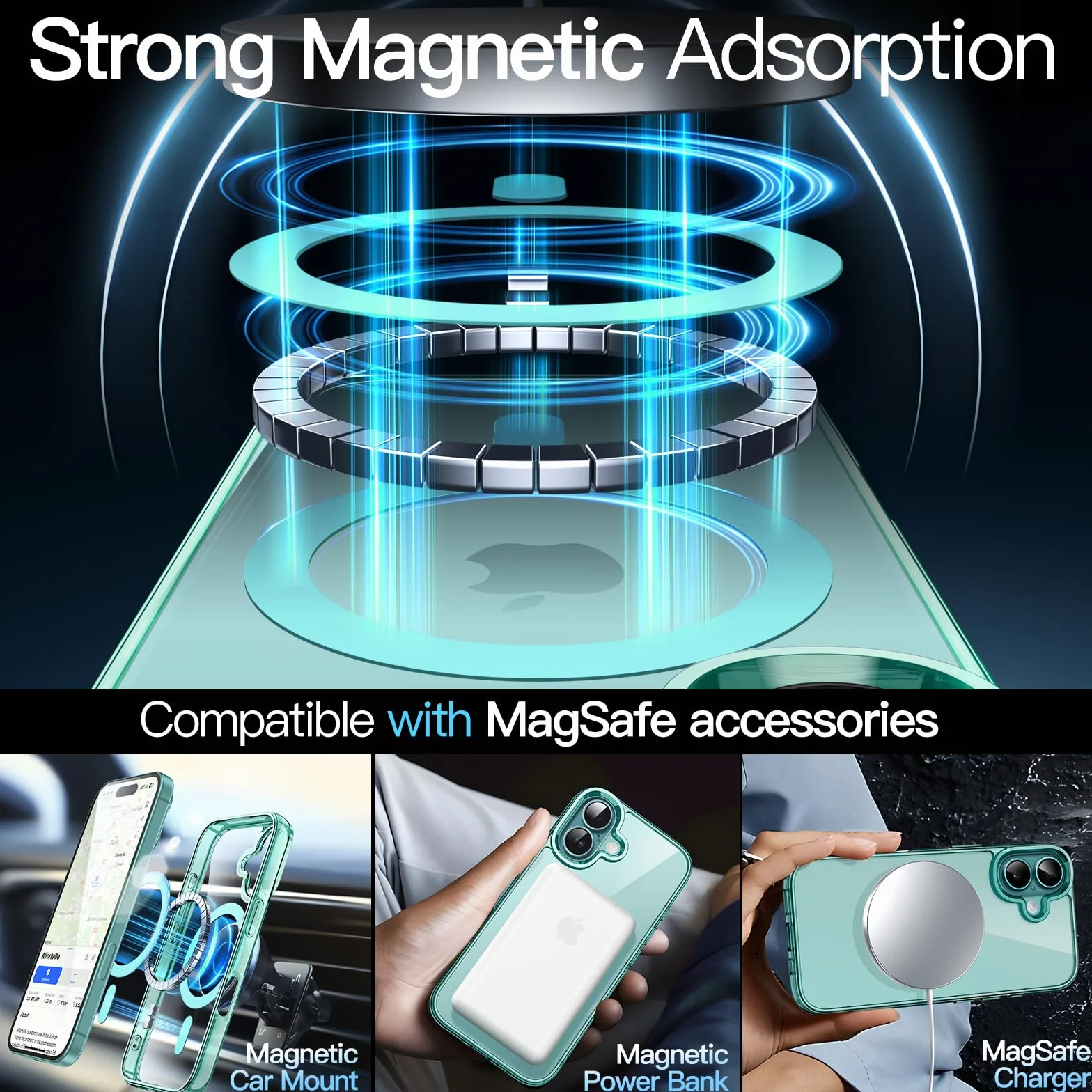 JETech Magnetyczne Etui do iPhone 16 6,1 Cala Kompatybilne z MagSafe Odporne na Wstrząsy i Zarysowania Niebiesko Zielony