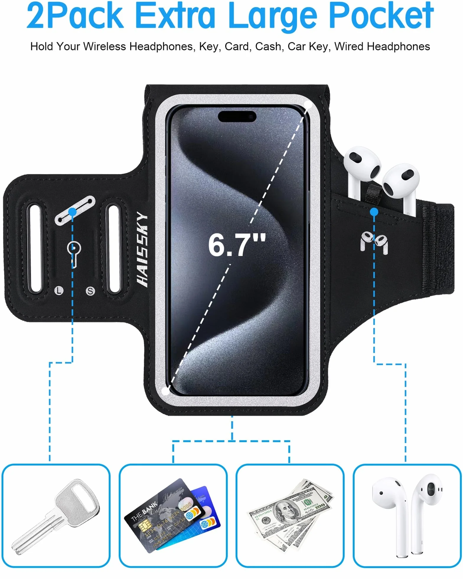 6,7'' uchwyt na telefon do biegania z torbą Airpods, etui na telefon komórkowy Razobws do iPhone 16 15 14 13 12 11 Pro Max Galaxy S20- S24 Ultra wodoodporny pasek na ramię z regulowanym paskiem