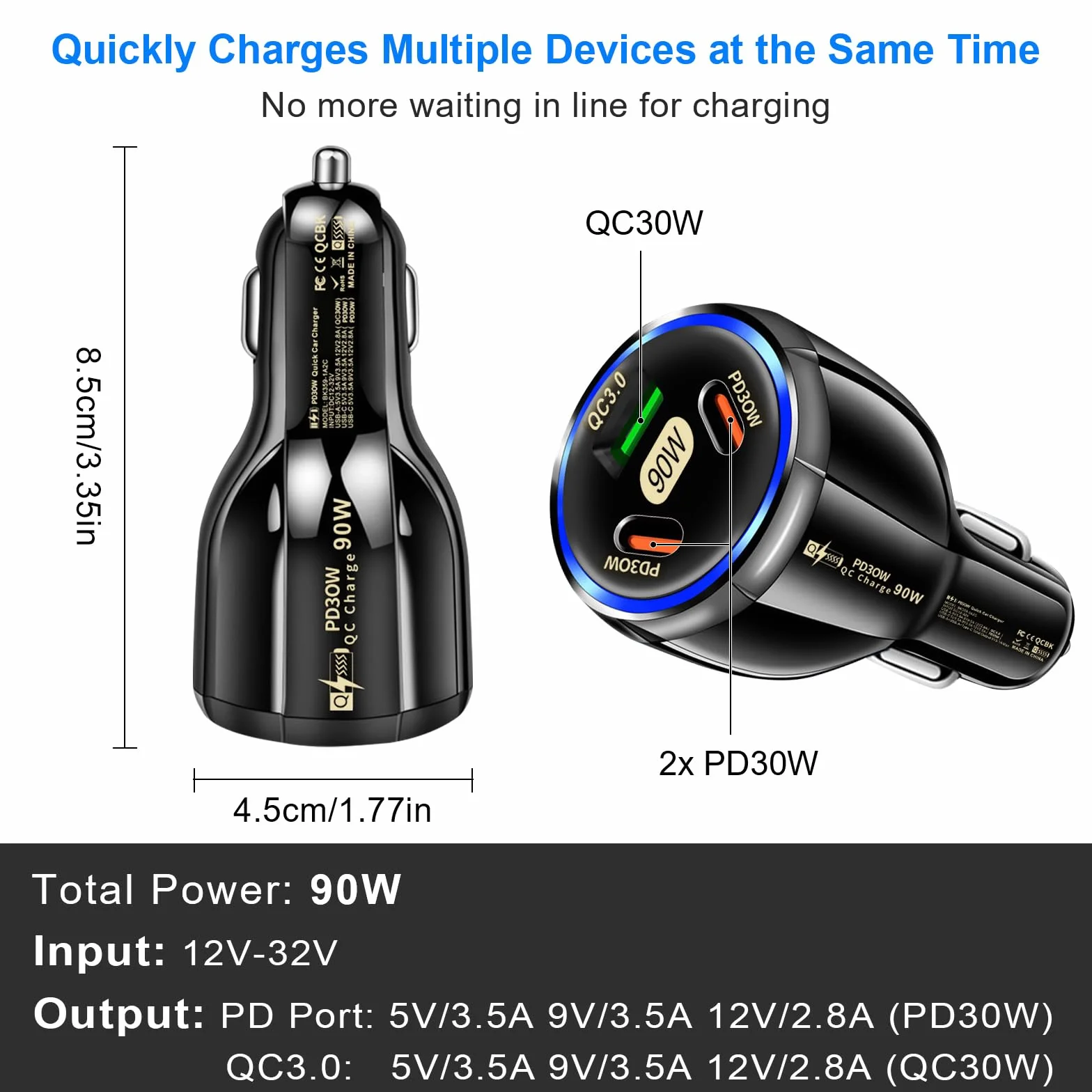 90 W ładowarka samochodowa USB C, zapalniczka samochodowa QC3.0/PD30W, odpowiednia wtyczka samochodowa USB C dla IPhone, tablety, Samsung, Huawei, Xiaomi-czarna