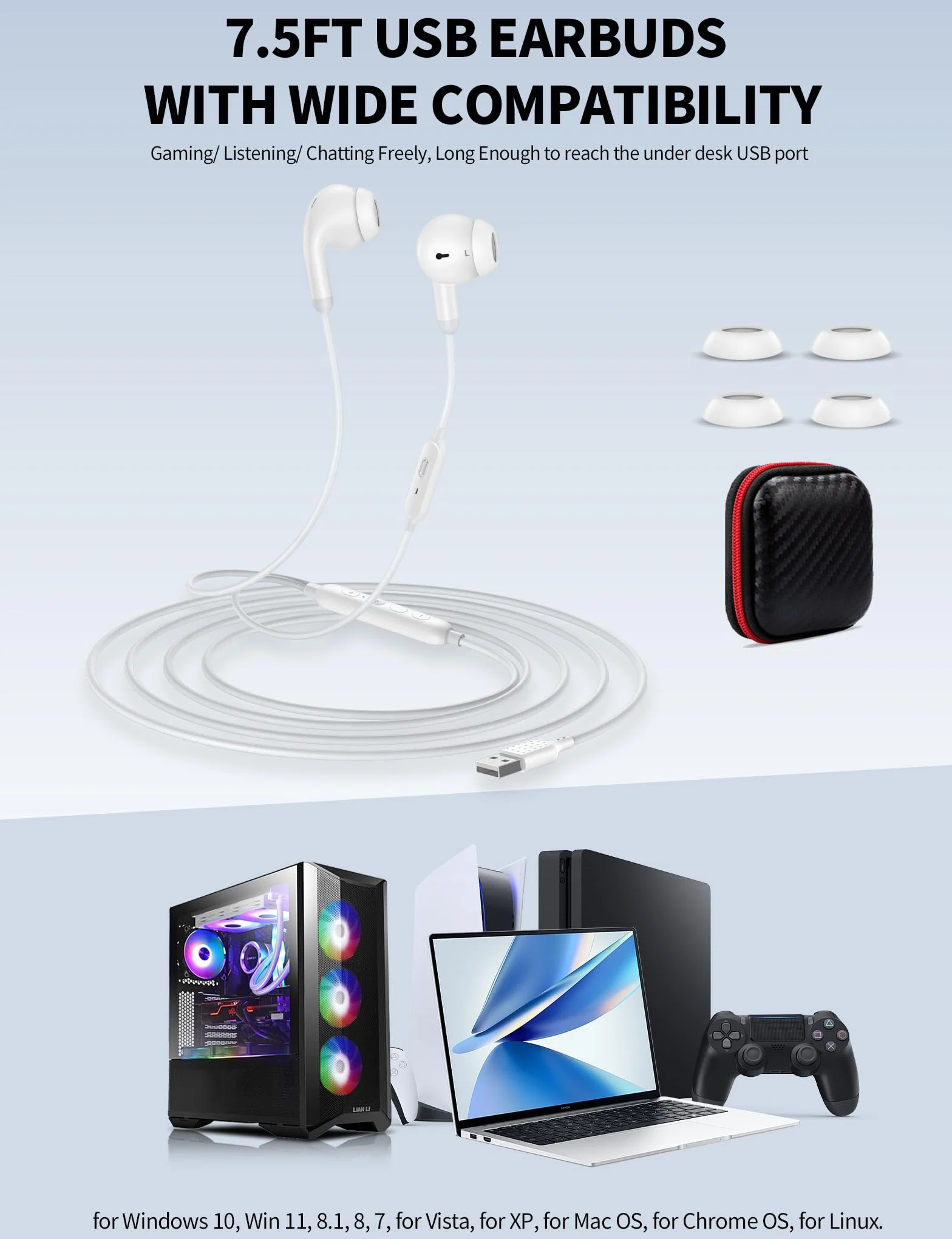Słuchawki USB z zaprogramowanym trybem EQ, wyciszony mikrofon, regulacja głośności, USB A, słuchawki douszne z redukcją szumów, do komputera PC, zestaw słuchawkowy do MacBooka, Chromebooka, notebooka