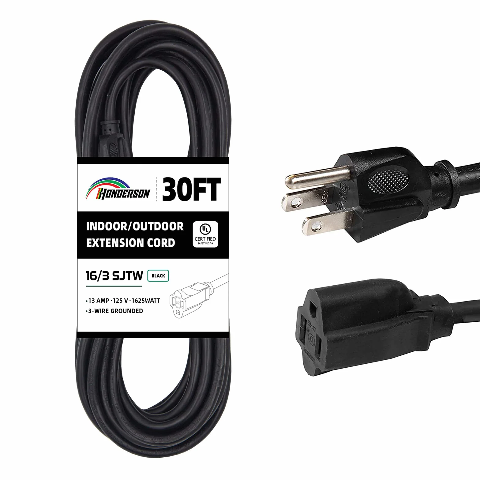 30FT Outdoor Extension Cord-16/3 SJTW Trwały Czarny Kabel Przedłużający z 3 Prong Grounded Plug for Safety