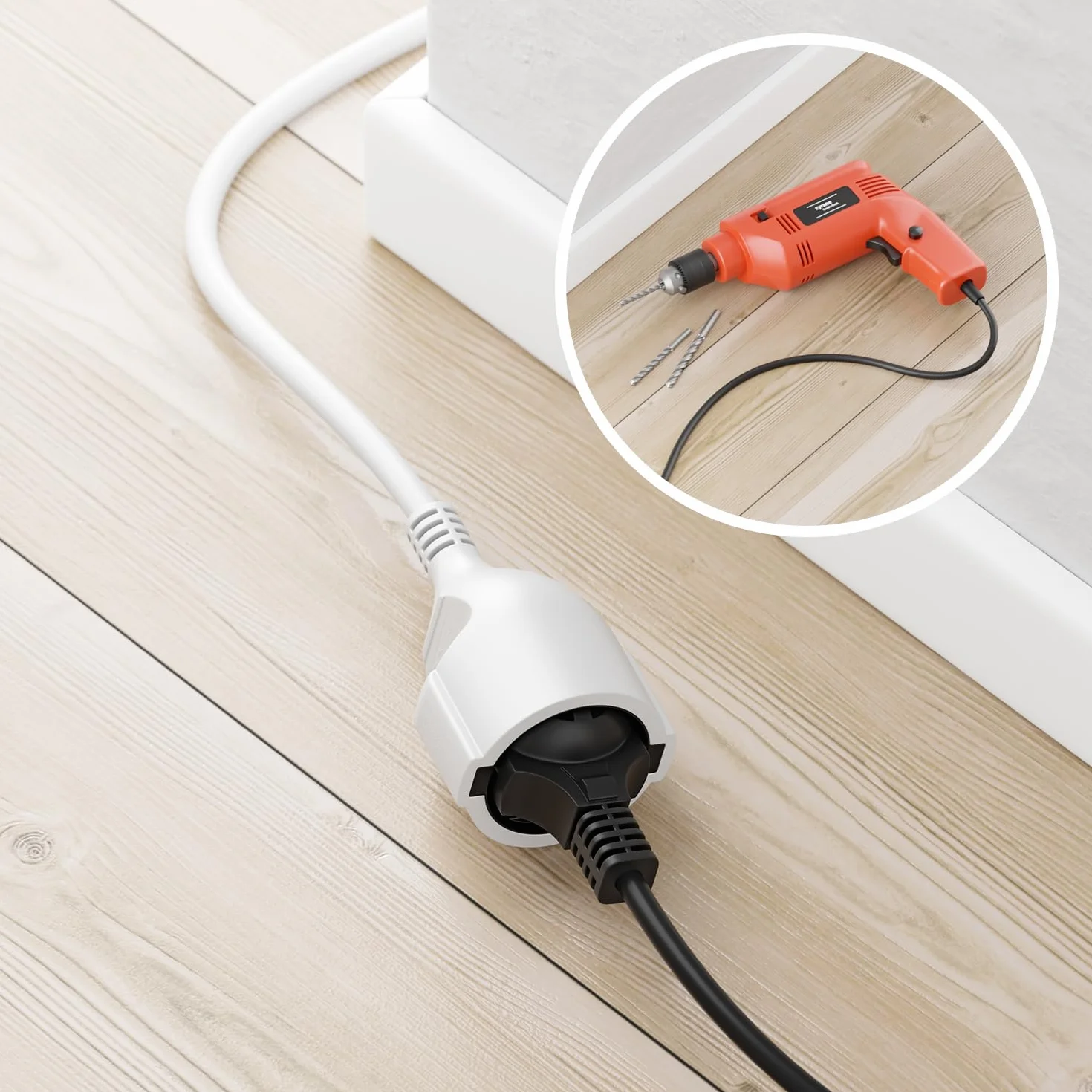 deleyCON 3,0m Kabel Przedłużający Zasilający, Wtyczka z Bolcem Typ F (CEE 7/7) 90° Kątowa na Gniazdo (CEE 7/3), Ochrona Przed Dotykiem, TV PC Komputer Projektor - Biały