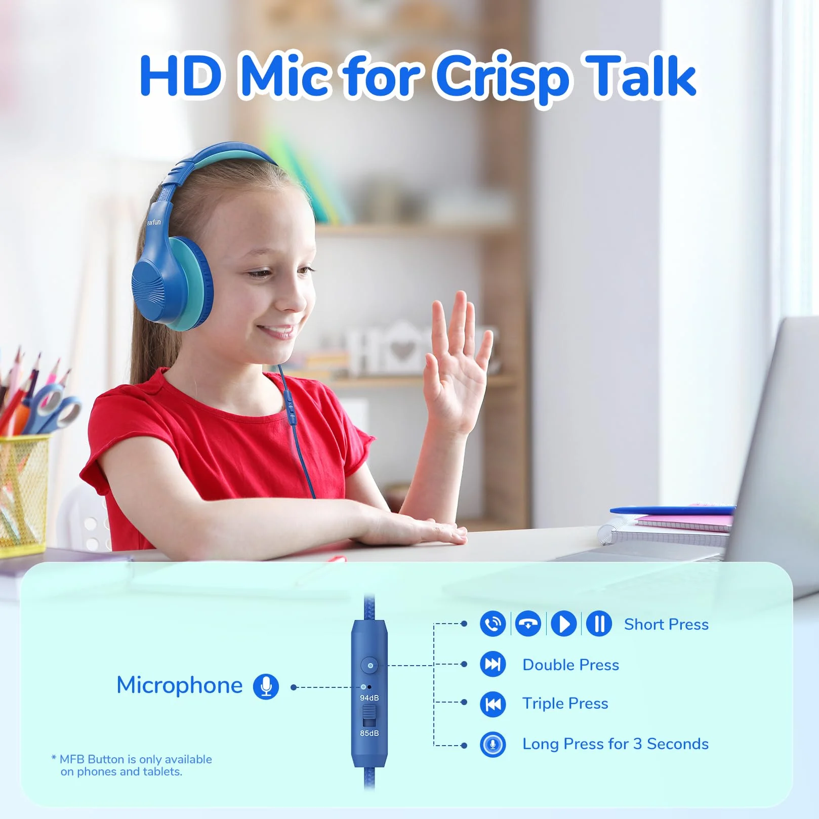 EarFun Słuchawki przewodowe dla dzieci, składane słuchawki nauszne z mikrofonami, bezpieczny limit głośności 85/94 dBA, dźwięk stereo HD, gniazdo 3,5 mm, słuchawki dla dzieci do szkoły, podróży
