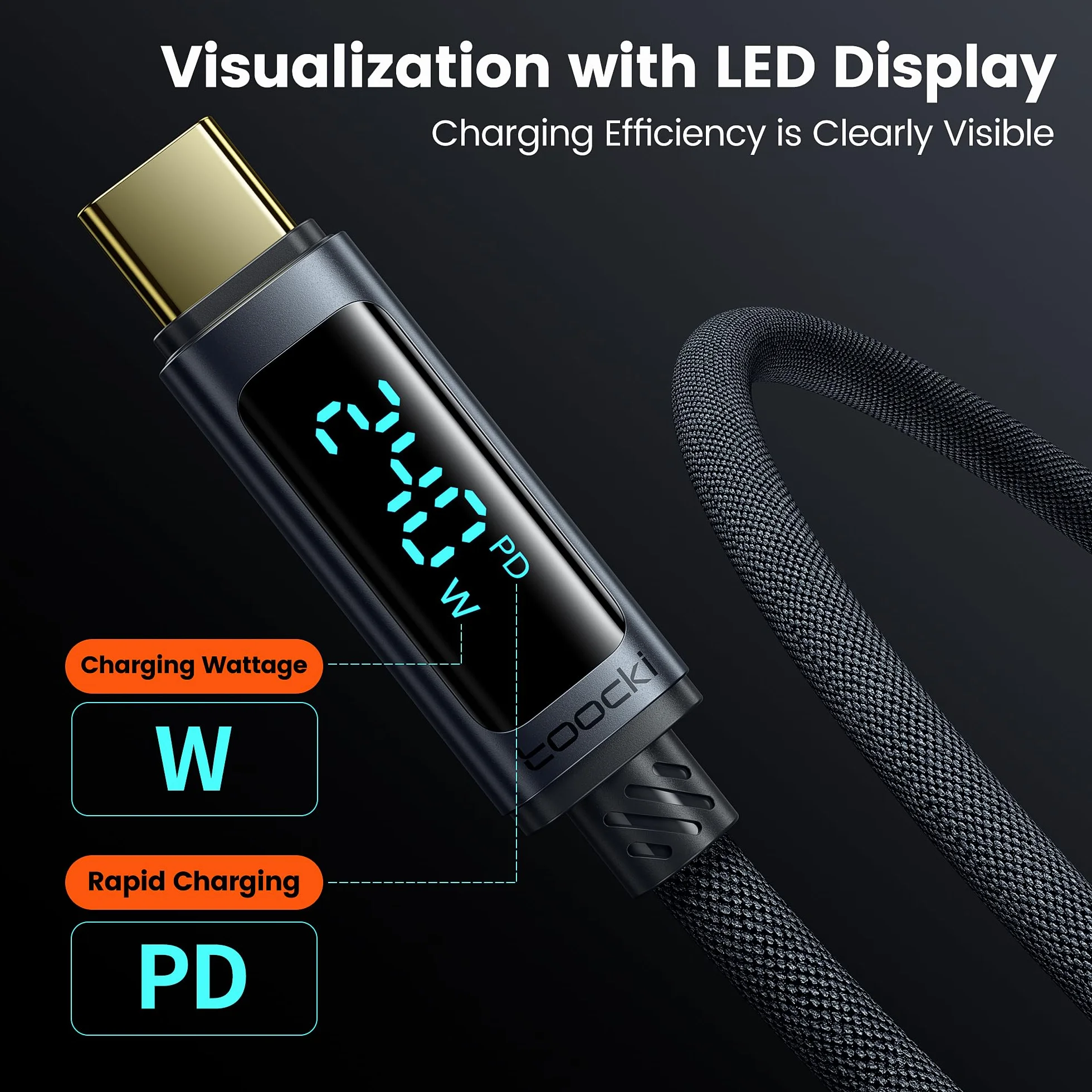 toocki Kabel USB-C 1M 240W z LED. Kompat. z iPhone 16/15 Pro Max, iPad Pro, Galaxy S24/S23, Switch, MacBook Air, Pixel.