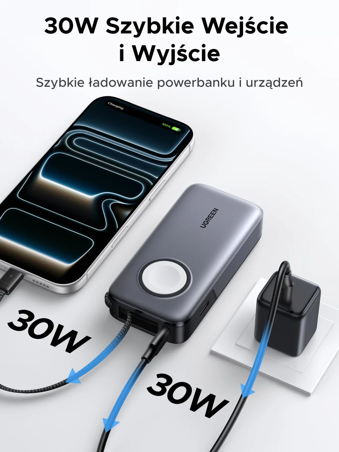 UGREEN Nexode 10000mAh Power Bank for iWatch (5W) z USB-C 30W | Oficjalnie Certyfikowane, Zintegrowany Kabel, Ekran LED, iPhone 17-12, do podróży i dojazdów do pracy