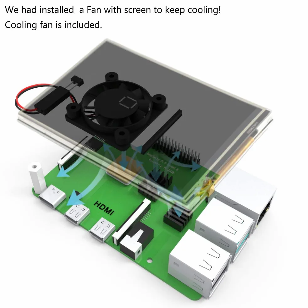 CUQI Dla Raspberry Pi 4 Ekran dotykowy z obudową 3.5 cala 60 FPS Monitor z rozdzielczością 480 x 320 i mini wentylatorem, radiatorem, obudowa zaprojektowana dla Raspberry Pi 4