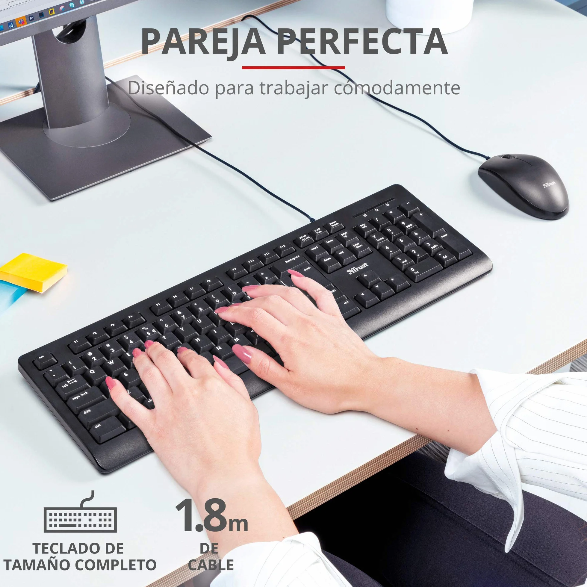 Trust Klawiatura i mysz z kablem – hiszpański układ QWERTY, kabel o długości 1,8 m, port USB, szczelna klawiatura, Windows, Mac, PC, laptop, czarna