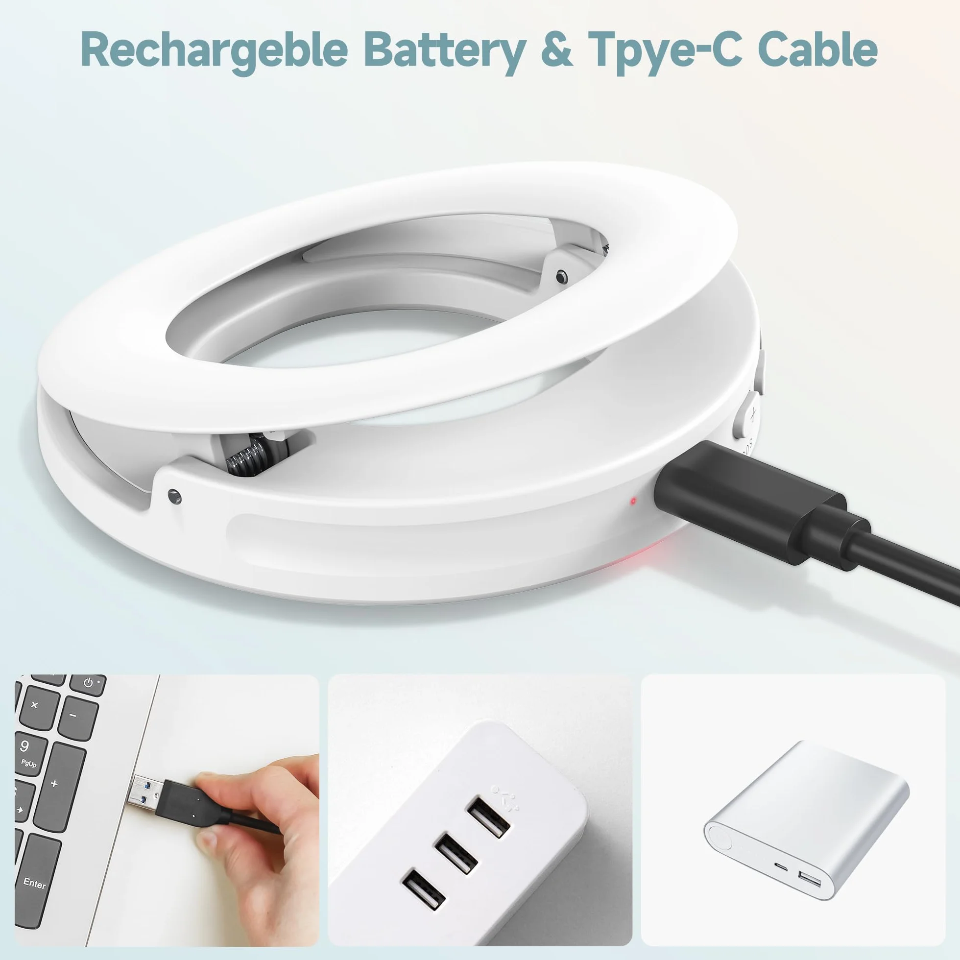 Selfie Ring Light, ładowalna, przypinana, 3-trybowa lampa pierścieniowa 48 LED do selfie, lampa pierścieniowa wideo do tabletów, laptopów, transmisji na żywo, TikTok, makijażu i wideokonferencji