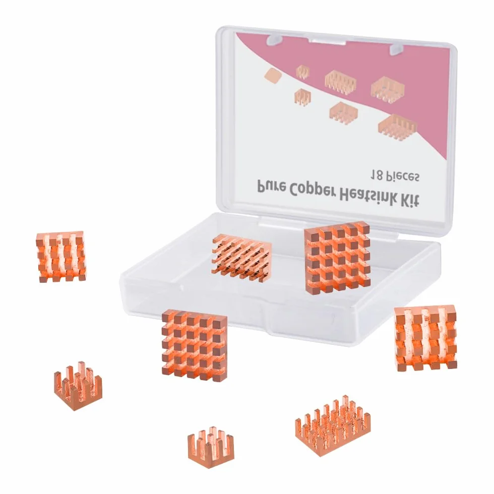 GeeekPi Radiatory z czystej miedzi do Raspberry Pi 5/4B, chłodzenie procesora z przewodzącą termiczną taśmą klejącą, 18 sztuk