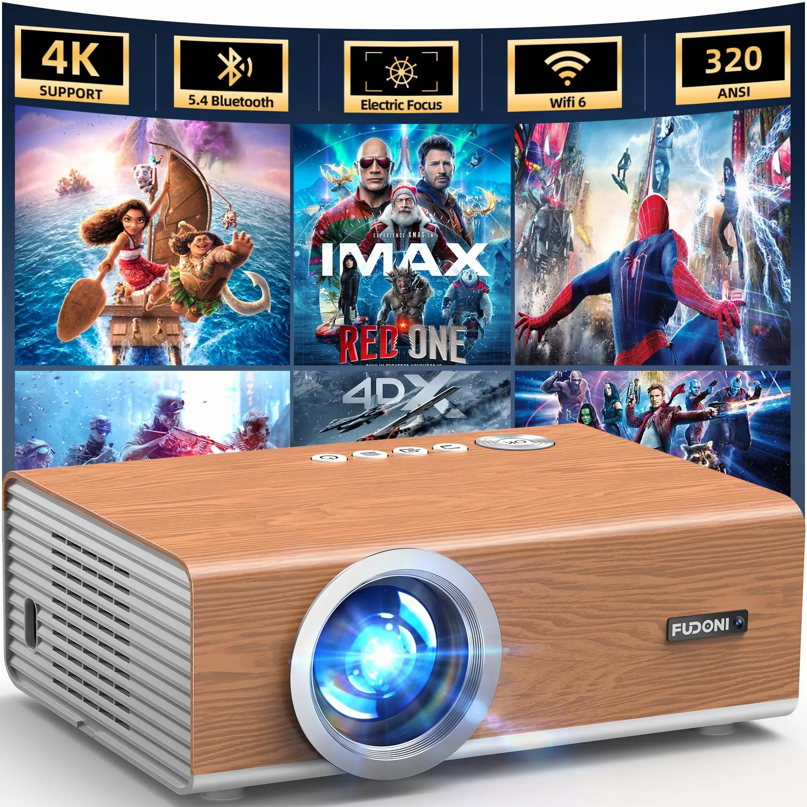 Elektryczny fokus/Auto 6D Keystone] Projektor FUDONI z WiFi6 i Bluetooth5.4, 800ANSI Native 1080P przenośny zewnętrzny projektor filmowy, Smart Home Proyector 4K, obsługa HDMI/USB/iOS/Android/TV