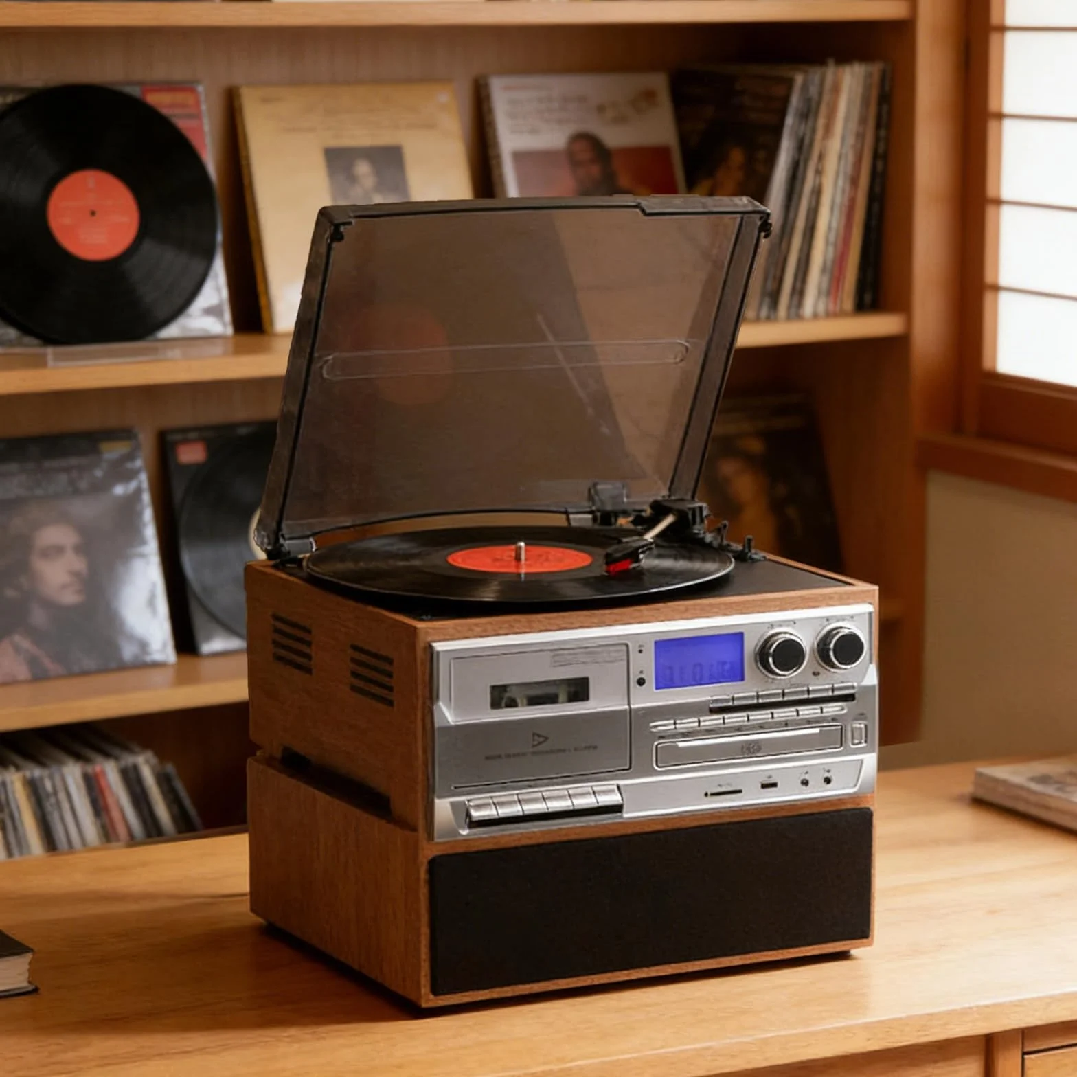 Obrotowy talerz retro z 3 prędkościami z pokrywą chroniącą przed kurzem – gramofon z odtwarzaczem CD / wbudowaną kasetą, radio AM/FM, głośniki stereo do domowej rozrywki w stylu vintage