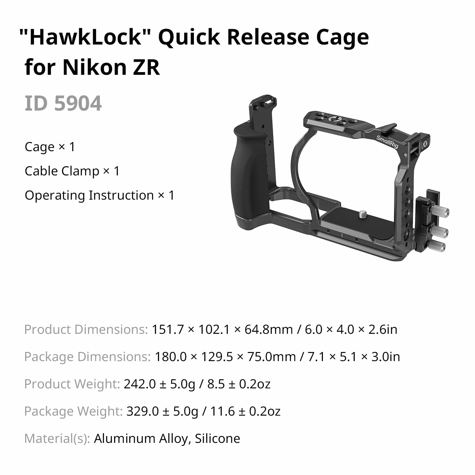 SMALLRIG Klatka przedłużająca „HawkLock” z szybkozłączką do Nikon ZR z uchwytem, ​​wbudowana płytka szybkozłączki do Arca, odpowiednia do stabilizatorów i statywów do DJI RS 2 /RSC 2 /RS 3 Pro, 5904