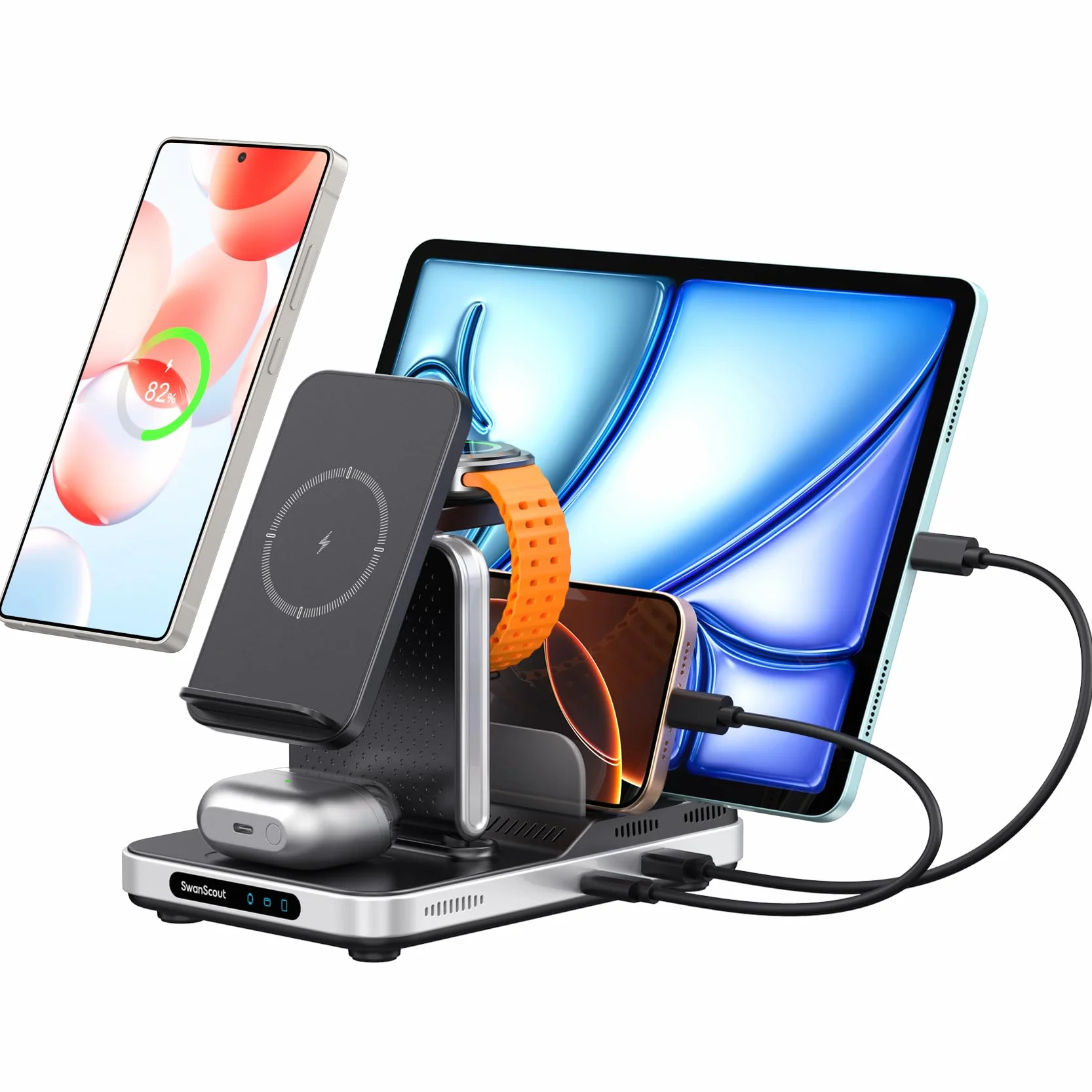 SwanScout 5w1 Stacja ładowania dla urządzeń Samsung, Ładowarka bezprzewodowa dla serii Samsung S25/S24/S23/S22, Galaxy Watch Ultra/8/7/6/5/4, Buds, Tab/iPad/Switch, Model 901S