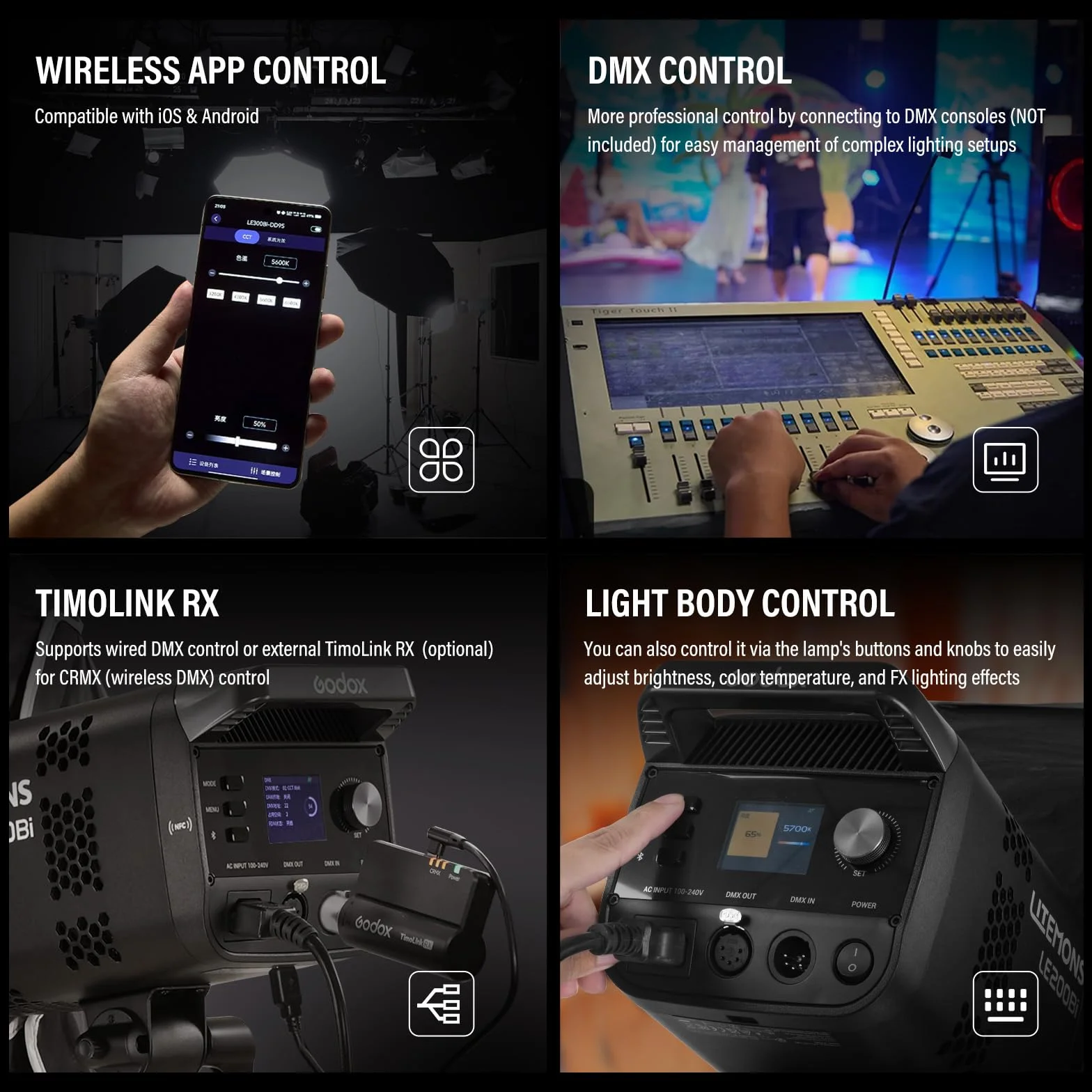 Godox LE200Bi lampa wideo LED COB, Godox LE200 Bi 220 W dwukolorowa CRI/TLCI 98+ profesjonalny montaż Bowens światło ciągłe 57700 Lux@1 m aplikacja DMX sterowanie ultra ciche do nagrywania wideo