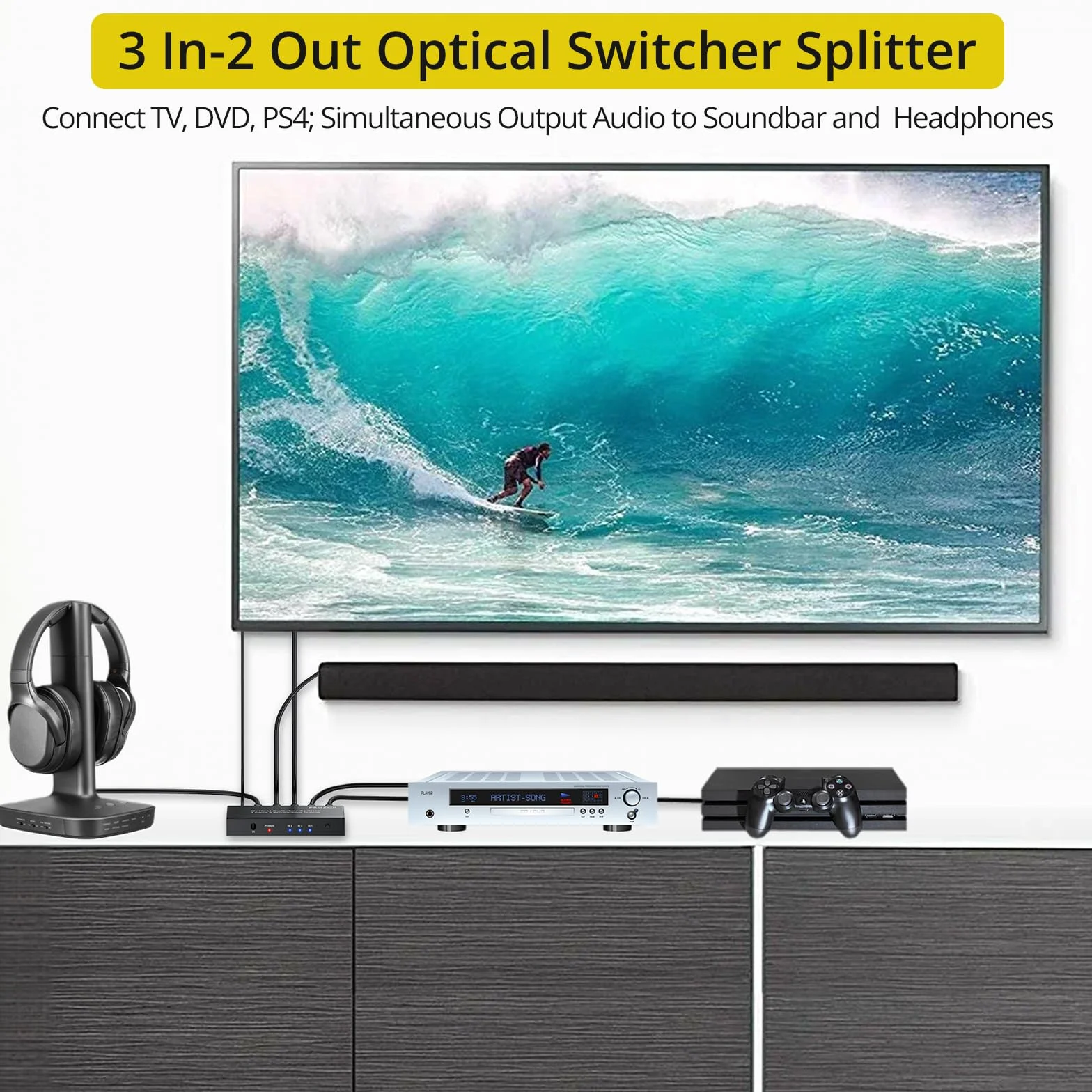 PROZOR Cyfrowy optyczny rozdzielacz audio Optyczny rozdzielacz 3 wejścia 2 wyjścia Z 1-metrowym kablem światłowodowym, pilot zdalnego sterowania LPCM 2.0/DTS/Dolby-AC3
