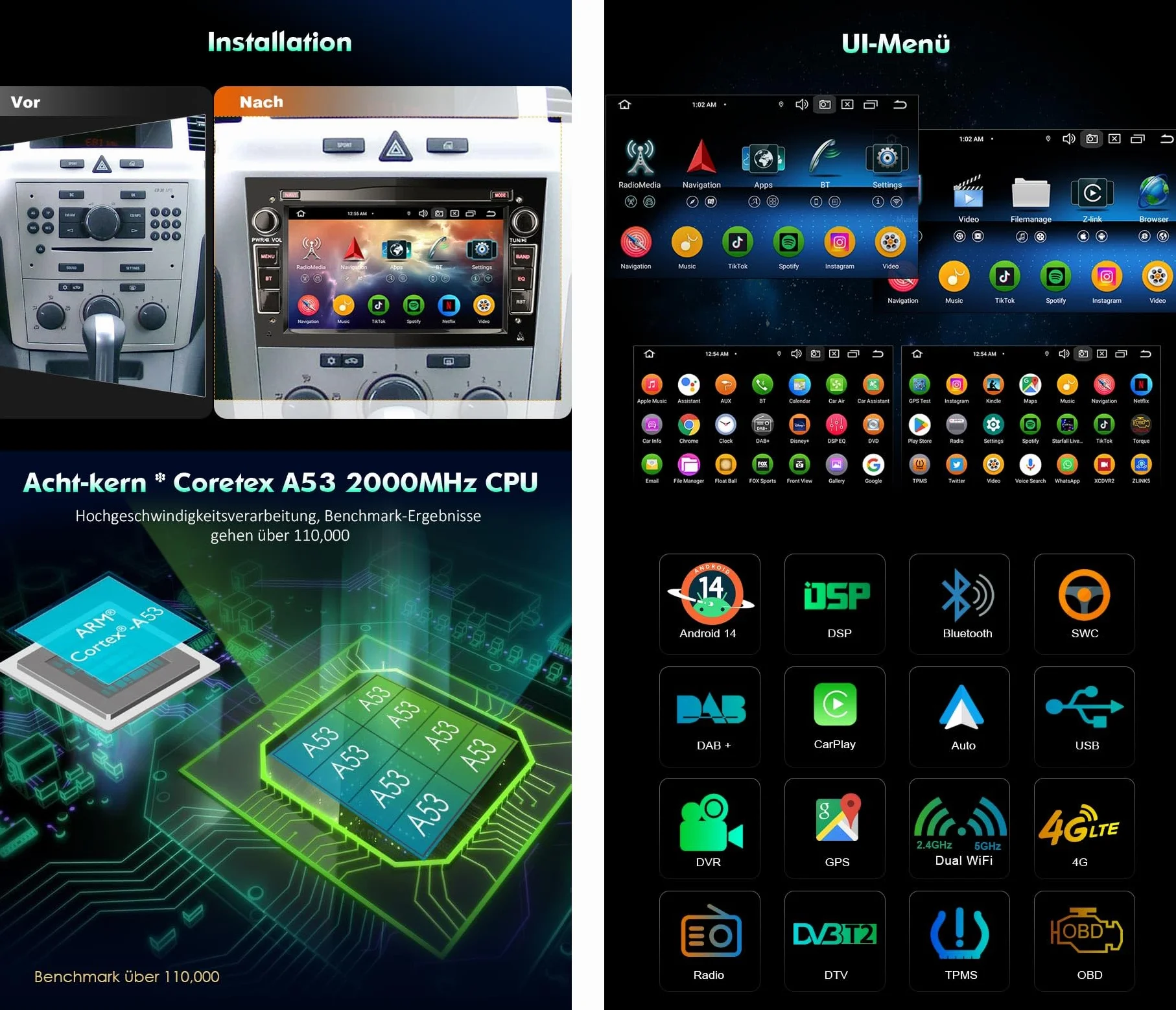 erisin Android 16 radio samochodowe GPS nawigacja do Opel Astra H Corsa C Corsa D Vectra Zafira B Signum Carplay Android Auto GPS DSP Bluetooth 5.0 WiFi 2,0 GHz CPU radio 8 rdzeni 4 GB + 64 GB