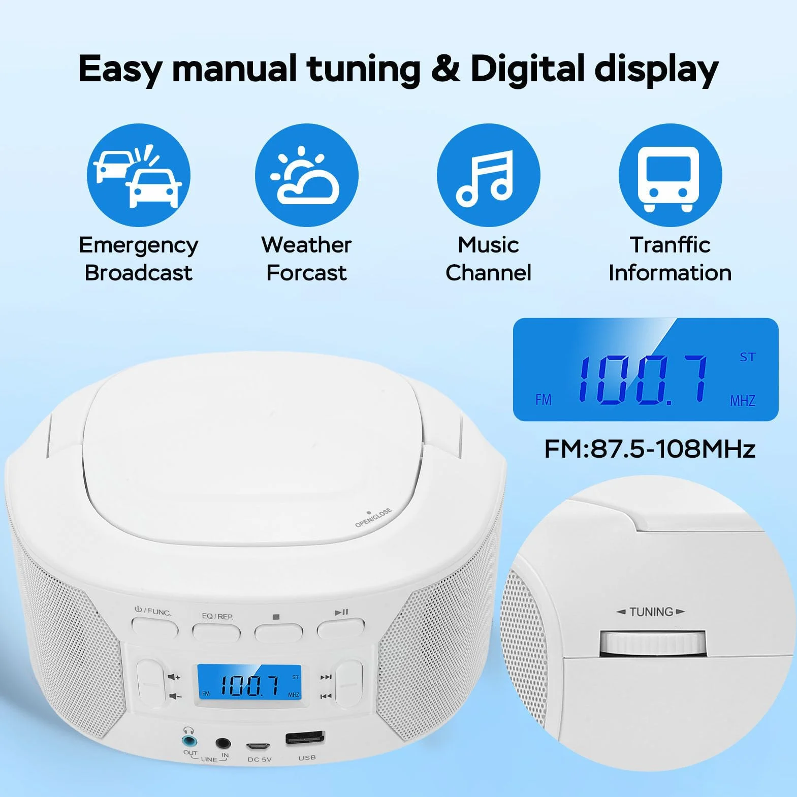 Tonysa Przenośny Odtwarzacz CD, CD RW MP3 USB AUX Odtwarzacz Muzyczny BT, Obsługa Radia FM, Płyta CD z książką dźwiękową do Domu/na Zewnątrz (wtyczka UE)