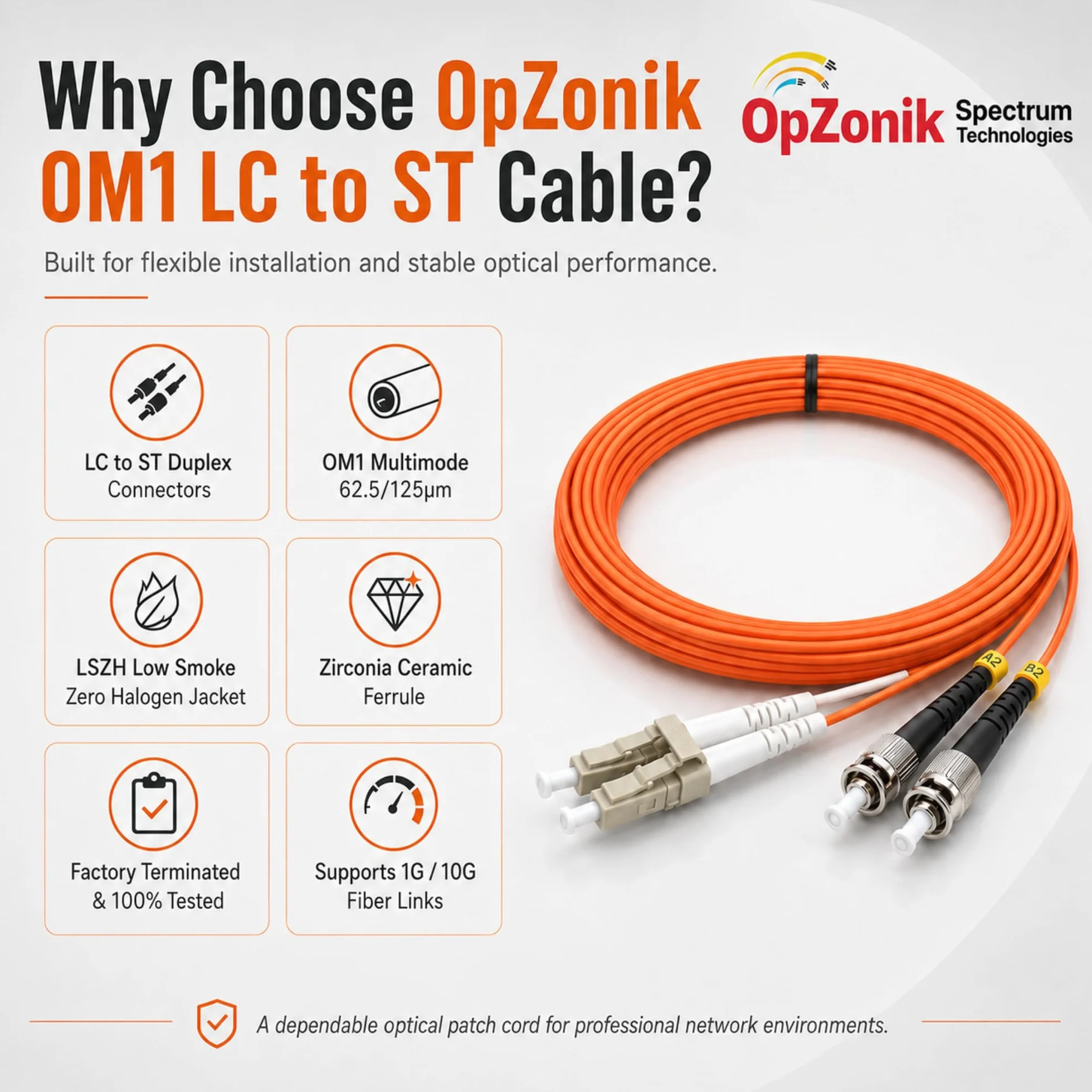 1 m LC do ST Światłowodowy kabel krosowy Multimode OM1 Duplex 62,5/125 µm optyczny kabel krosowy 1G/10G kabel światłowodowy LC-ST 1 metr (3,3 m)