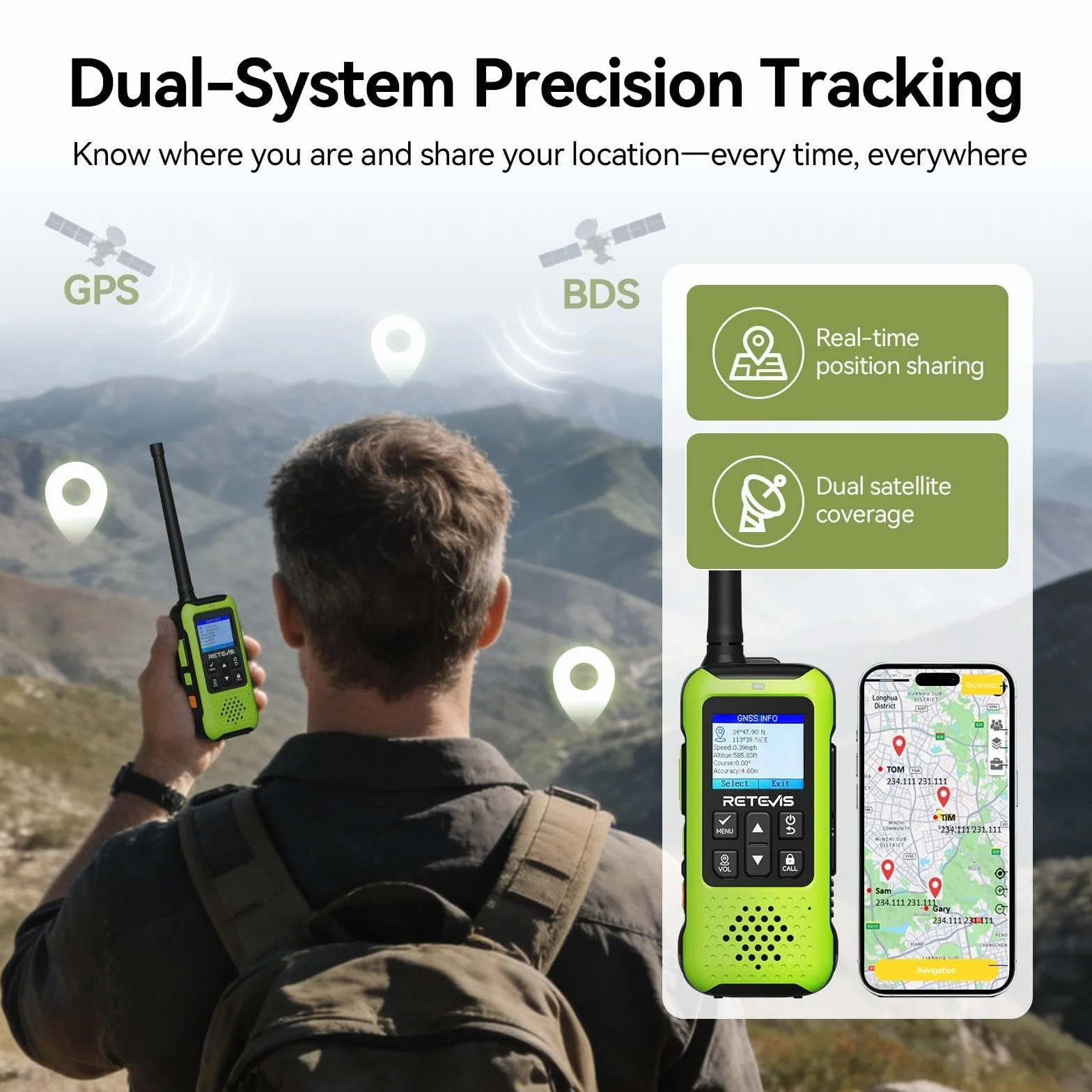 Retevis EZTalk 65 Dwubandowe Radiotelefony, Dwukierunkowa Nawigacja GPS BDS, Programowalne Częstotliwości przez APP, Przenośne Radiotelefony do Awarii, Wspinaczki Górskie (2 Pary)