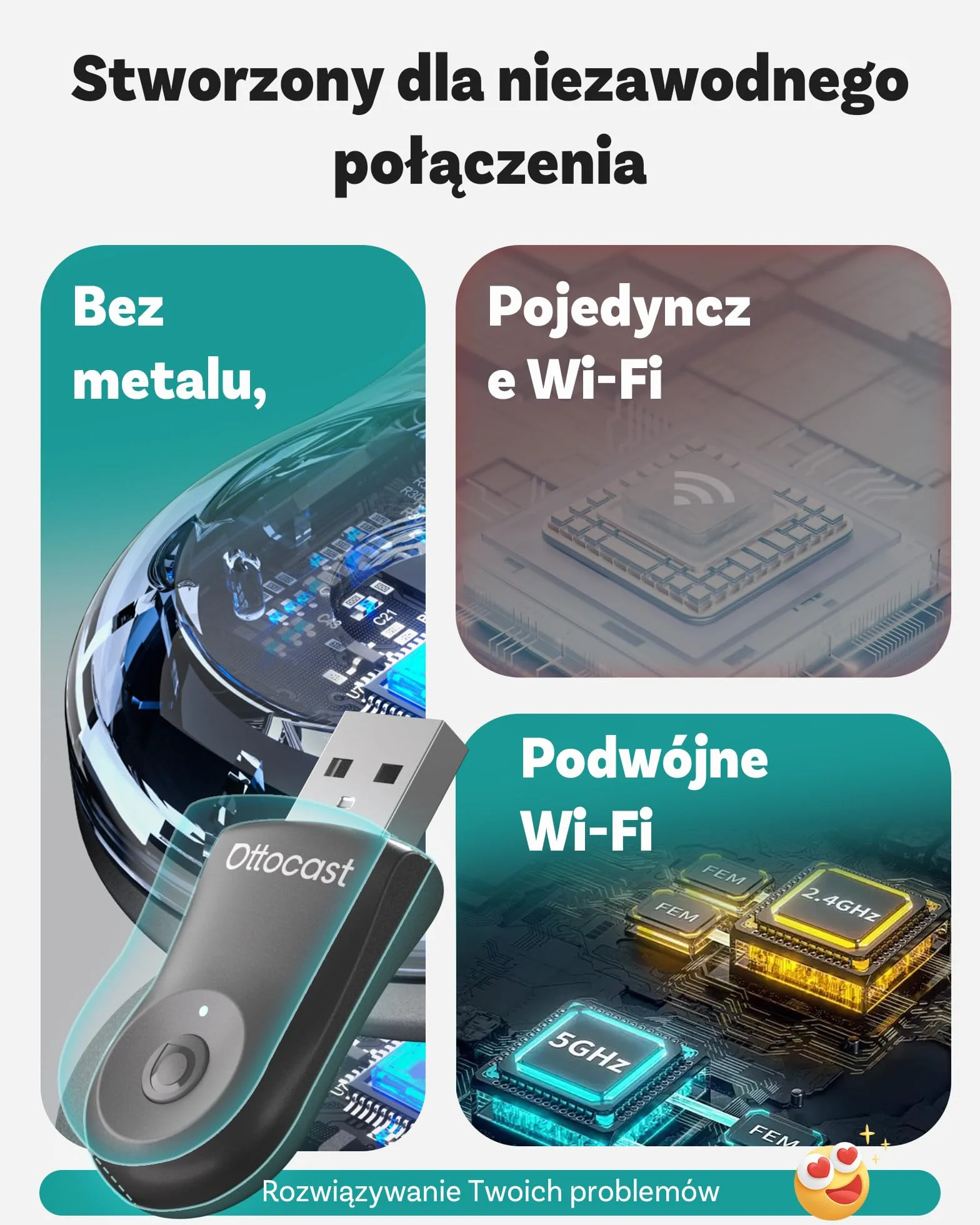 Nowość 2025 Ottocast Mini Flow – Bezprzewodowy adapter CarPlay & Android Auto, Dongle 2 w 1, Plug & Play, Ultra kompaktowy, Kompatybilny z iPhone & Android, Do aut od 2016 (Nie dla BMW/Tesla)