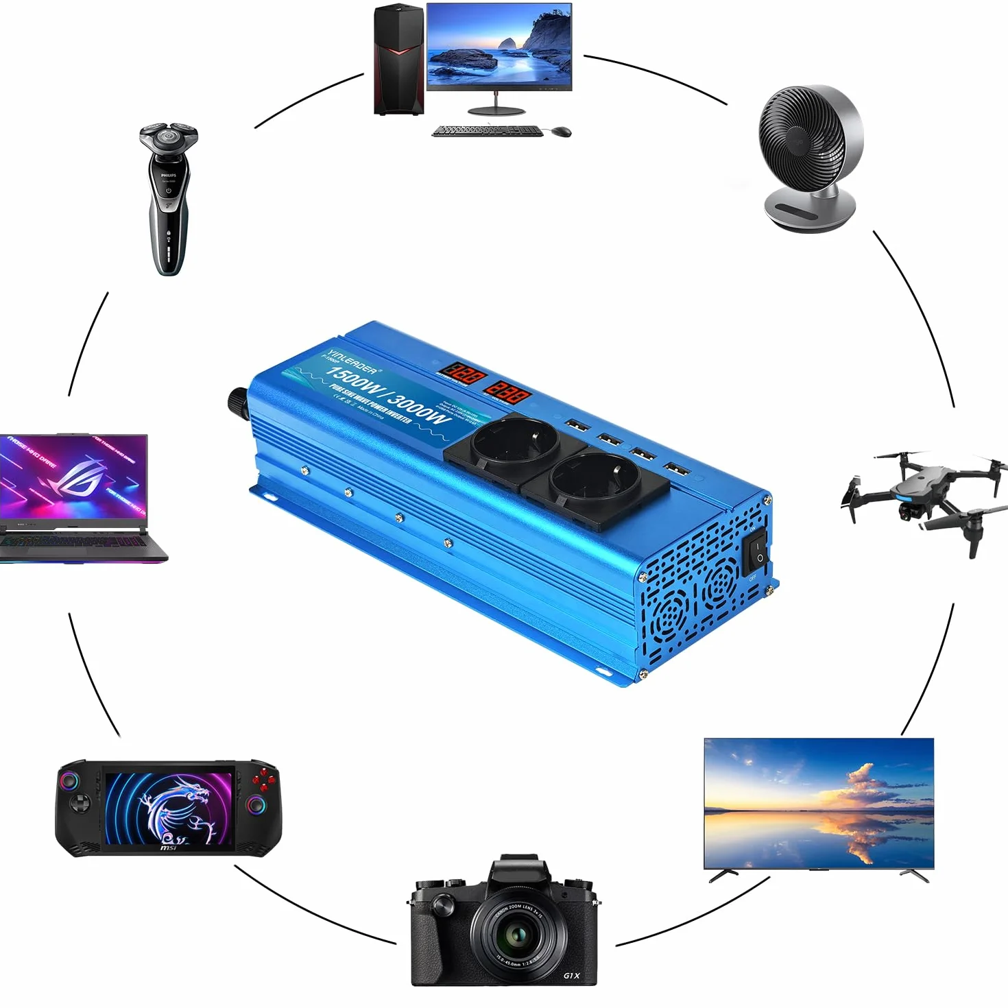 Yinleader Konwerter 12 V, 220 V, czysty sinus, 1500 W, 3000 W, czysta moc Sinus, 2 x gniazdo USB
