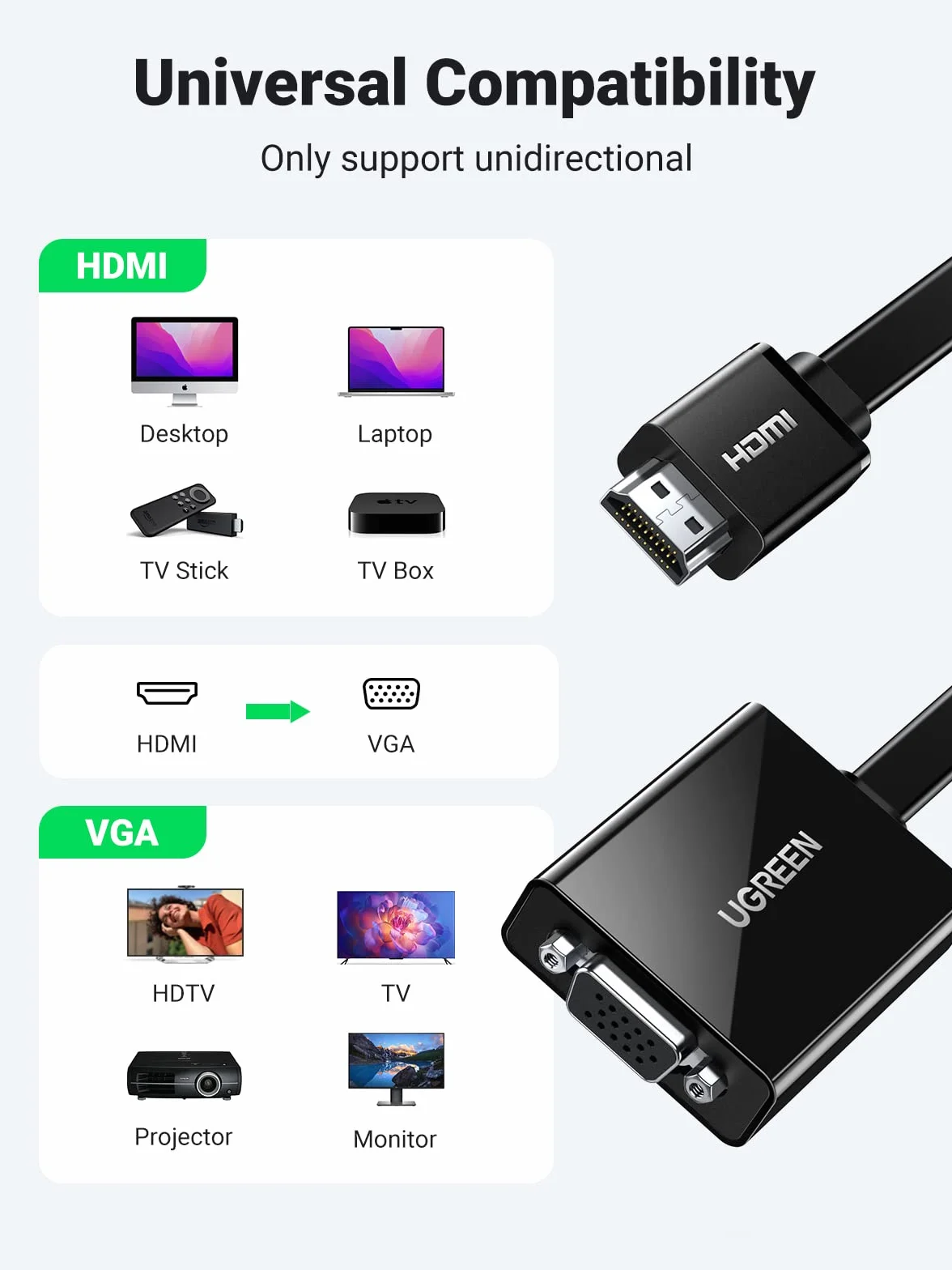 UGREEN Adapter HDMI na VGA, 1080P, HDTV, aktywna transmisja audio, kabel konwerterowy, obsługuje komputer PC, laptop, Chromebook, Raspberry Pi, czarny