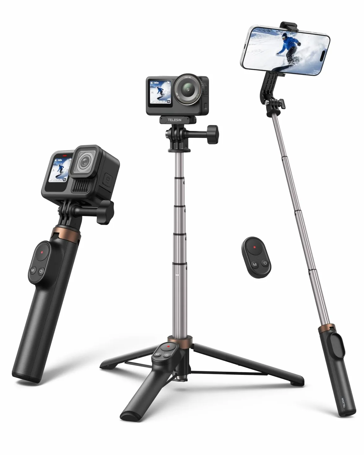 TELESIN Mini kij do selfie i statyw telefonu dla DJI Osmo 360 Action 6/5/4, GoPro Hero 13/12/11, statyw do vlogowania z pilotem na odległość 80 m i klipsem do telefonu dla iPhone i Android, przenośne