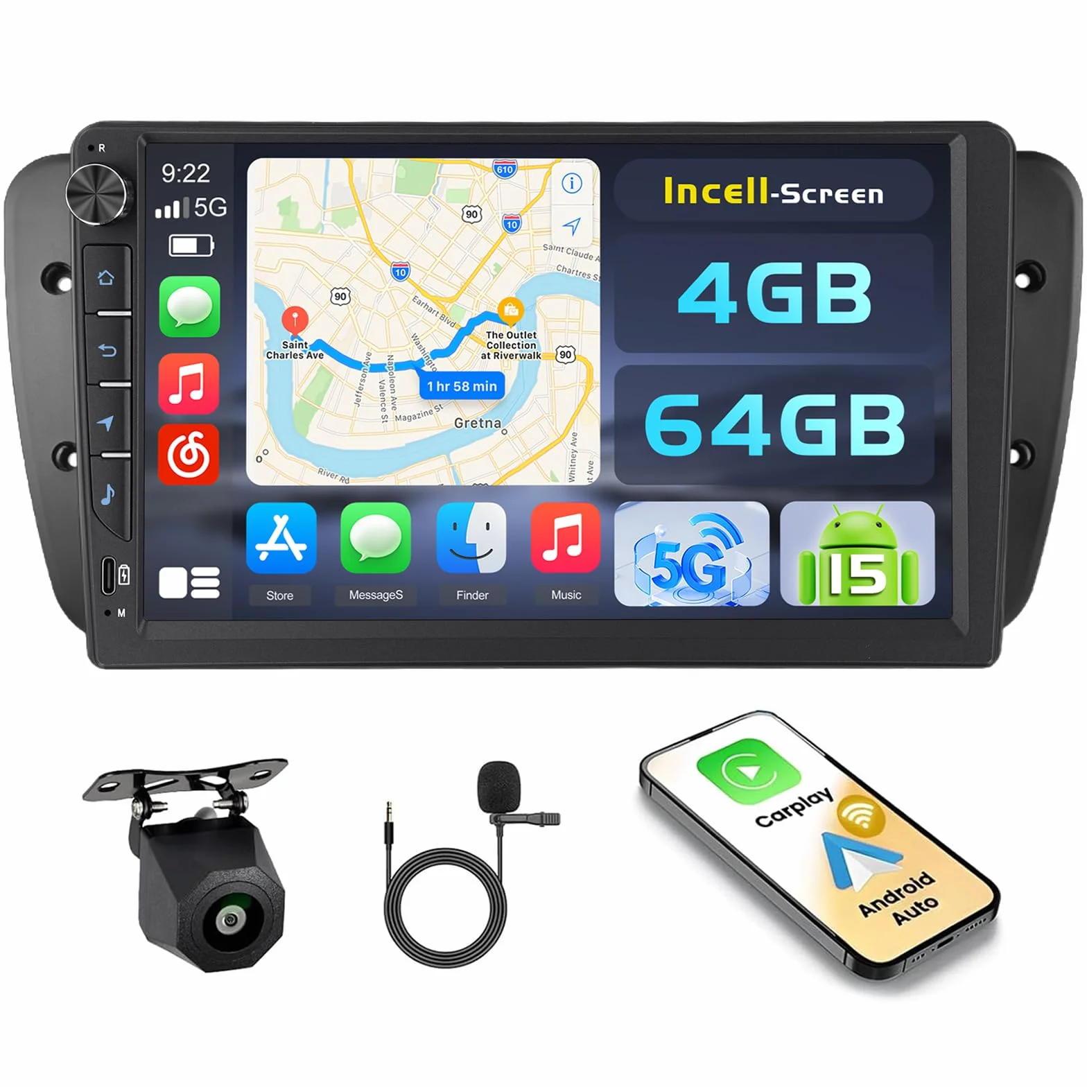 Hikity Android 15 4 + 64 GB radio samochodowe do Seat Ibiza 2013 z ekranem dotykowym o przekątnej 9 cali Incell, radio samochodowe 2DIN z bezprzewodowym Carplay Android Auto, FM/RDS Radio BT GPS WiFi
