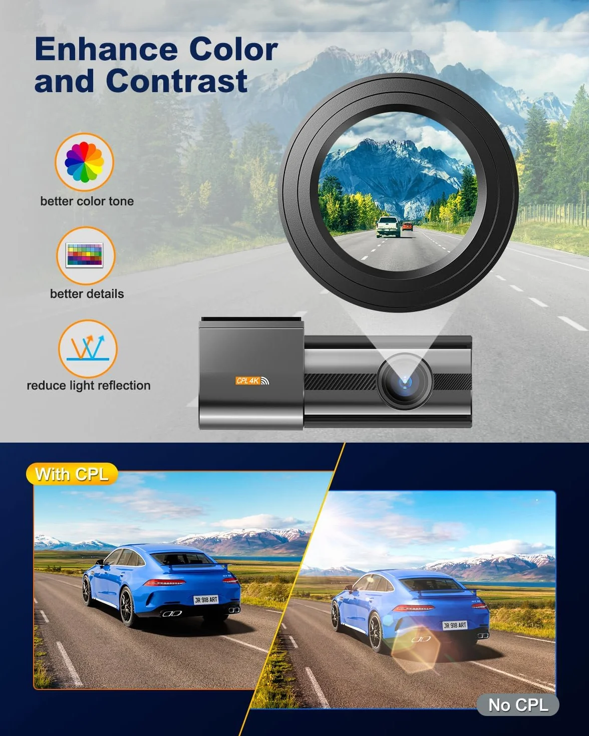 Kamera samochodowa, przednia 4K, wbudowane WiFi 5 GHz, z CPL, UHD 2160P, karta 64 GB, monitor parkowania 24 godz., super noktowizor, WDR, czujnik G, sterowanie aplikacją, kąt 170°, maks. 256 GB