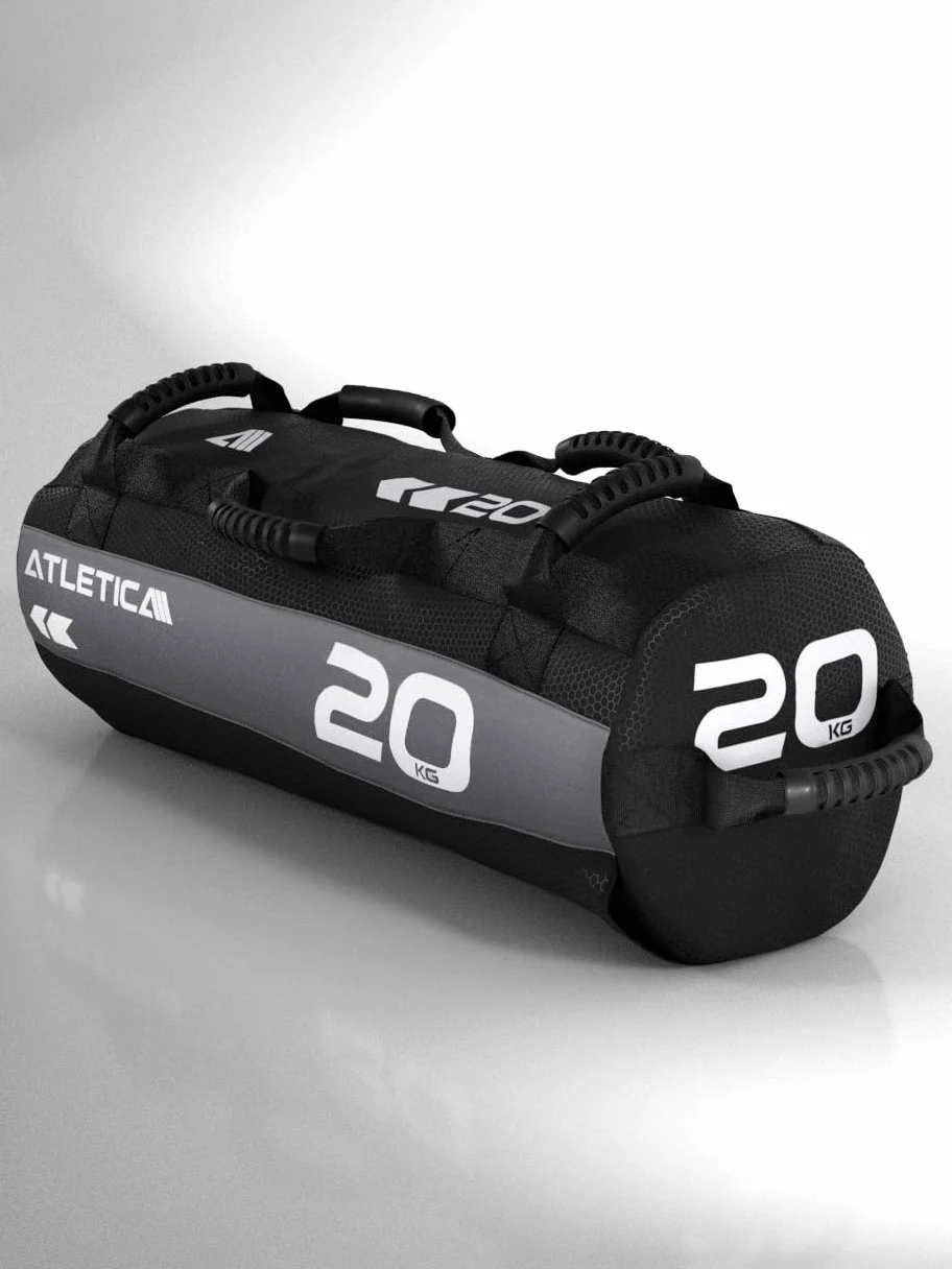 Atletica Worek na piasek 20 kg, worek do treningu funkcjonalnego całego ciała, wytrzymały nylon Cordura, 7 uchwytów
