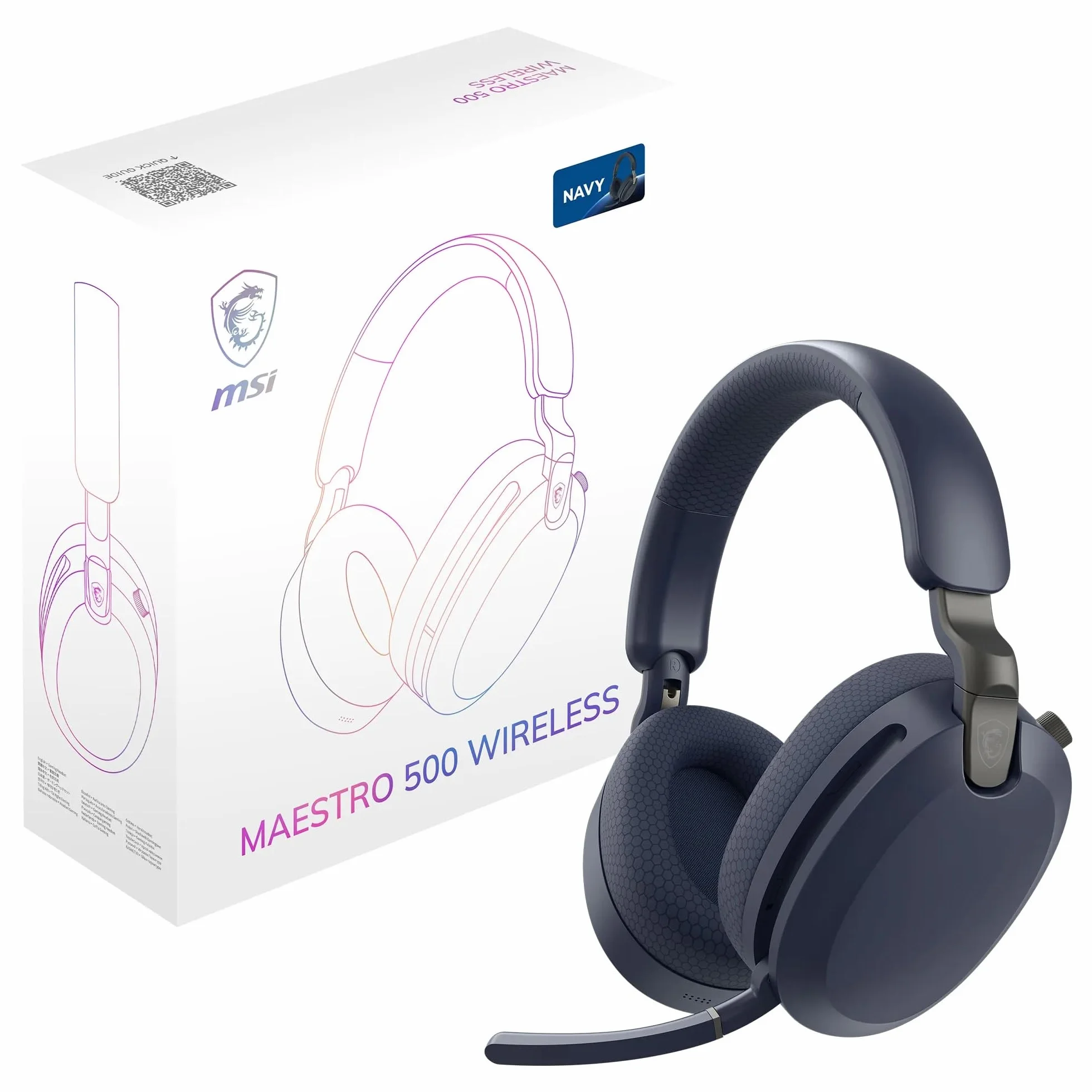 MSI MAESTRO 500 WIRELESS granatowy zestaw słuchawkowy, aktywna redukcja szumów, tryb przezroczystości, niskie opóźnienie 2,4 GHz, Bluetooth 5.4, przewodowy 3,5 mm, sterowniki 40 mm, chowany mikrofon