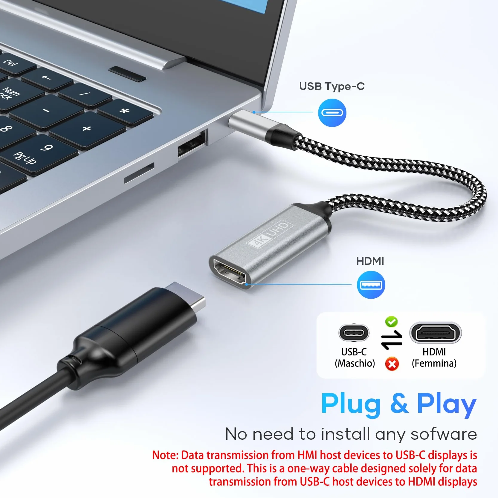 Adapter USB C na HDMI – adapter typu C na HDMI 4K (kompatybilny z Thunderbolt 3), wyjście audio wideo do iPhone iPhone 16/15 Pro/Max, MacBook Pro/Air, Pixelbook, Surface Go, iPad Pro,XPS,Galaxy