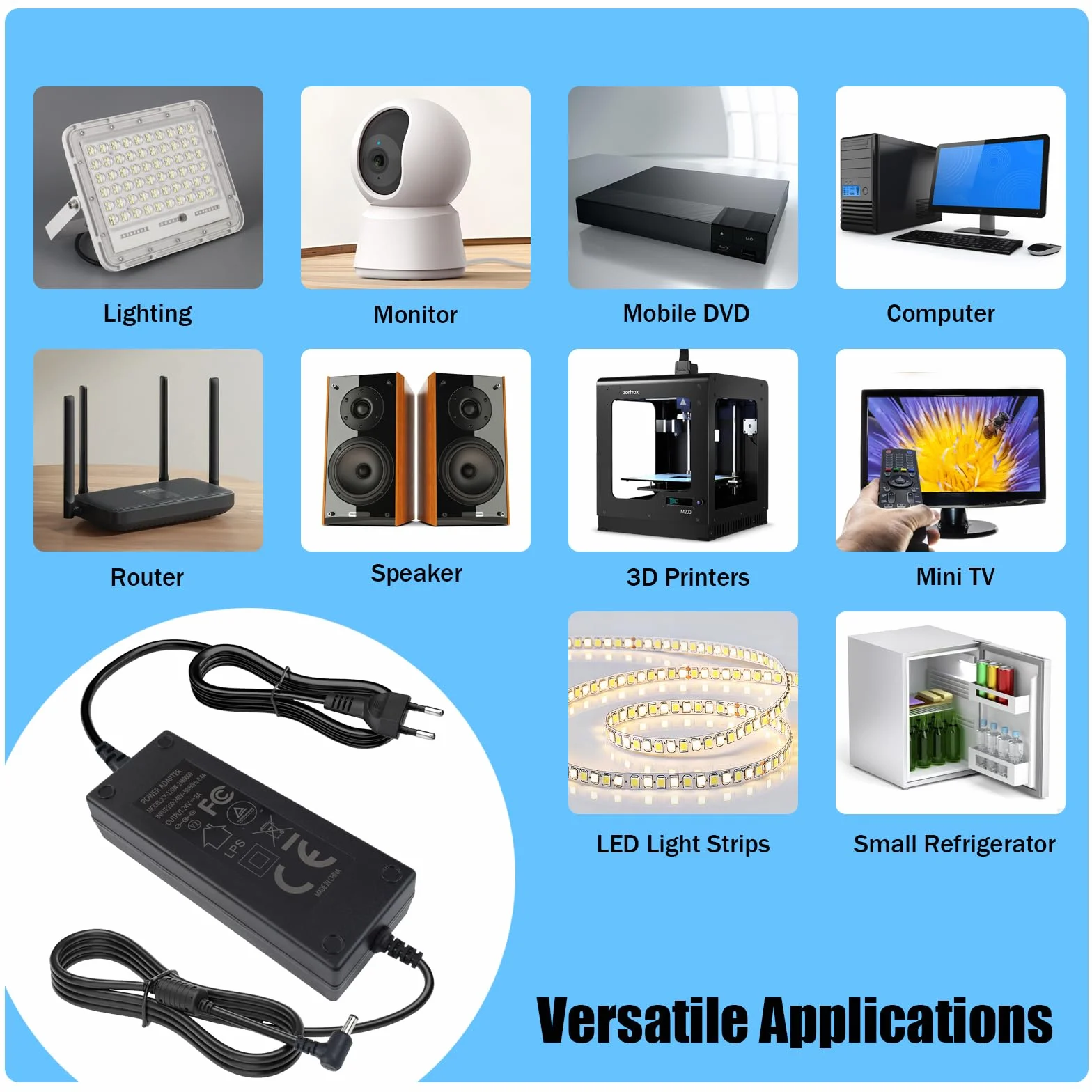 24 V, 8 A, zasilacz 192 W, konwerter napięcia AC 100-240 V na DC 24 V, uniwersalny zasilacz z wtyczką 5,5 x 2,5 mm do taśm LED, kamery monitorującej, monitora LCD