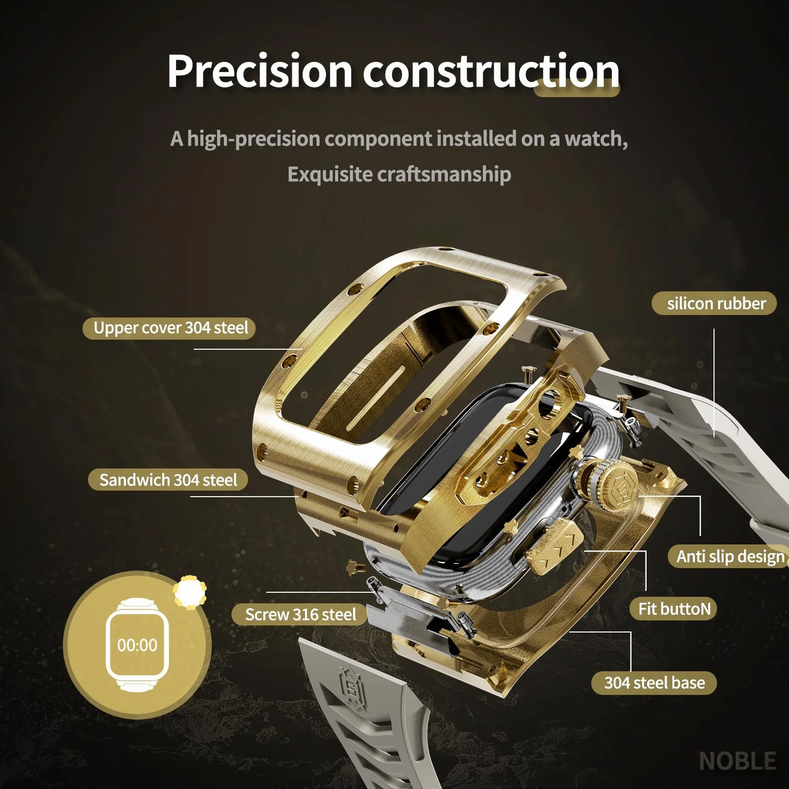 Shellbox kompatybilny z Apple Watch Series 8 7 45 mm / Series 6 SE 5 4 44 mm, ochronny wytrzymały metalowy zderzak ze stali nierdzewnej z paskiem i twardą osłoną ekranu, wytrzymały wojskowy pokrowiec