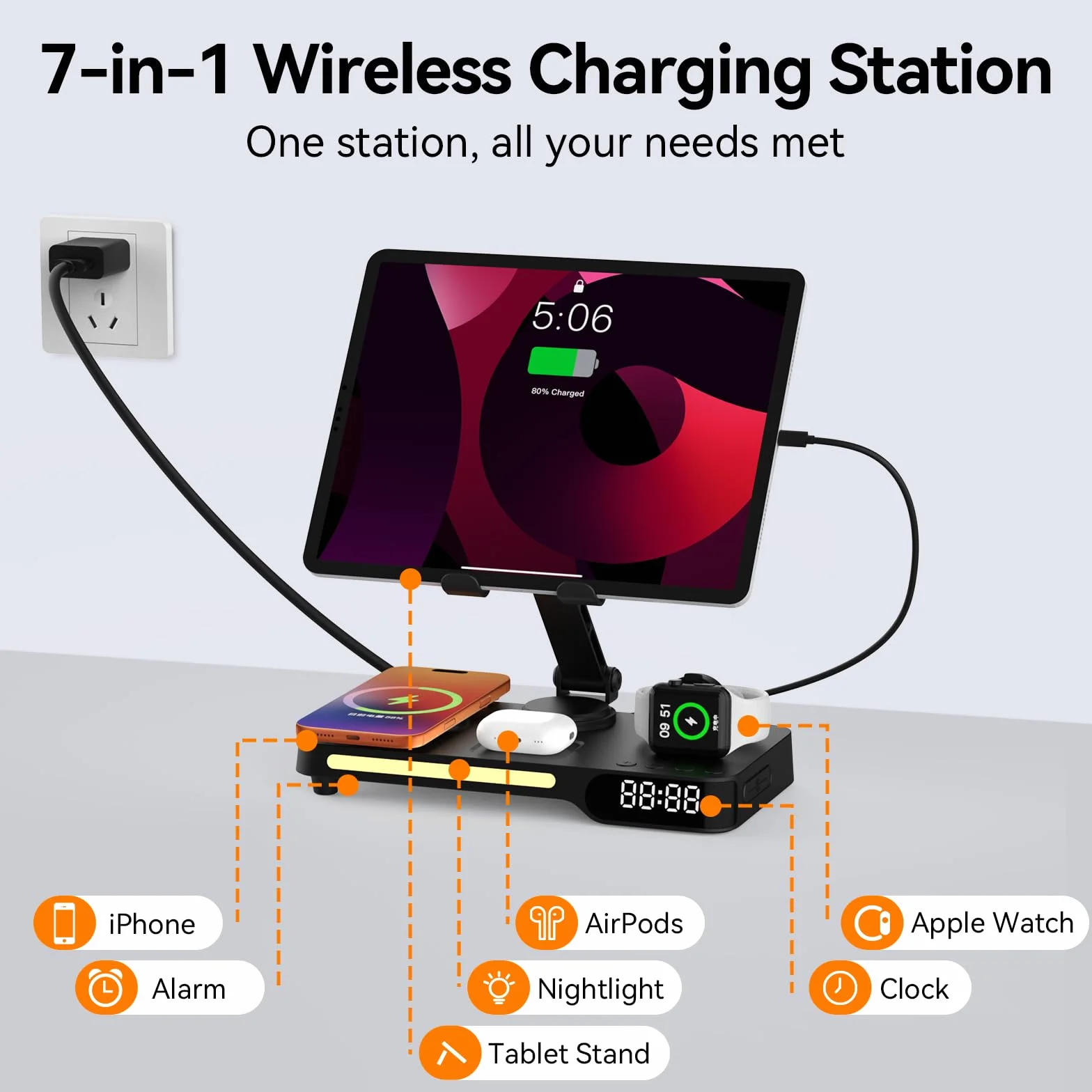 Bezprzewodowa stacja ładująca, 7 w 1 wielofunkcyjna stacja ładująca z budzikiem, lampką nocną, stacją ładującą do iPhone 17 16 15 14 13 12 Pro Max Plus, Apple Watch 11/10/9/8, dla AirPods, do sypialni