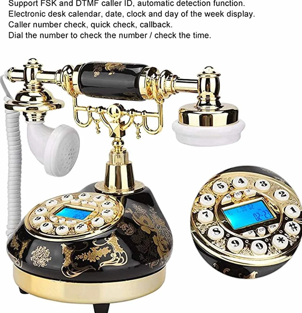 Vintage Retro Telefon Ceramiczny, Czarny i Złoty Kwiatowy Design Antyczna Dekoracja Domu Telefon Biurowy