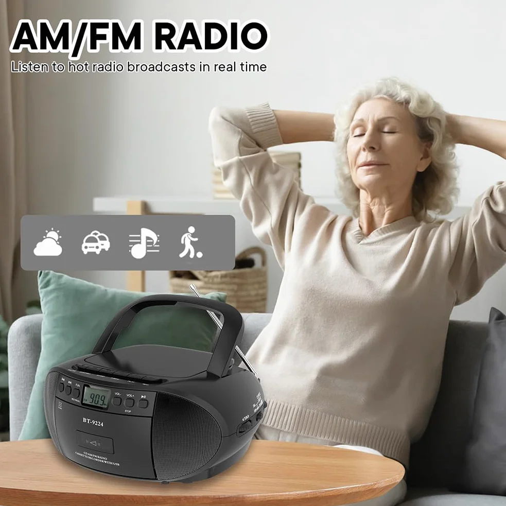 Przenośny radiowy odtwarzacz CD, głośnik Bluetooth z odtwarzaniem USB, Boombox AM/FM, pilot zdalnego sterowania, zasilany prądem zmiennym / bateryjnym