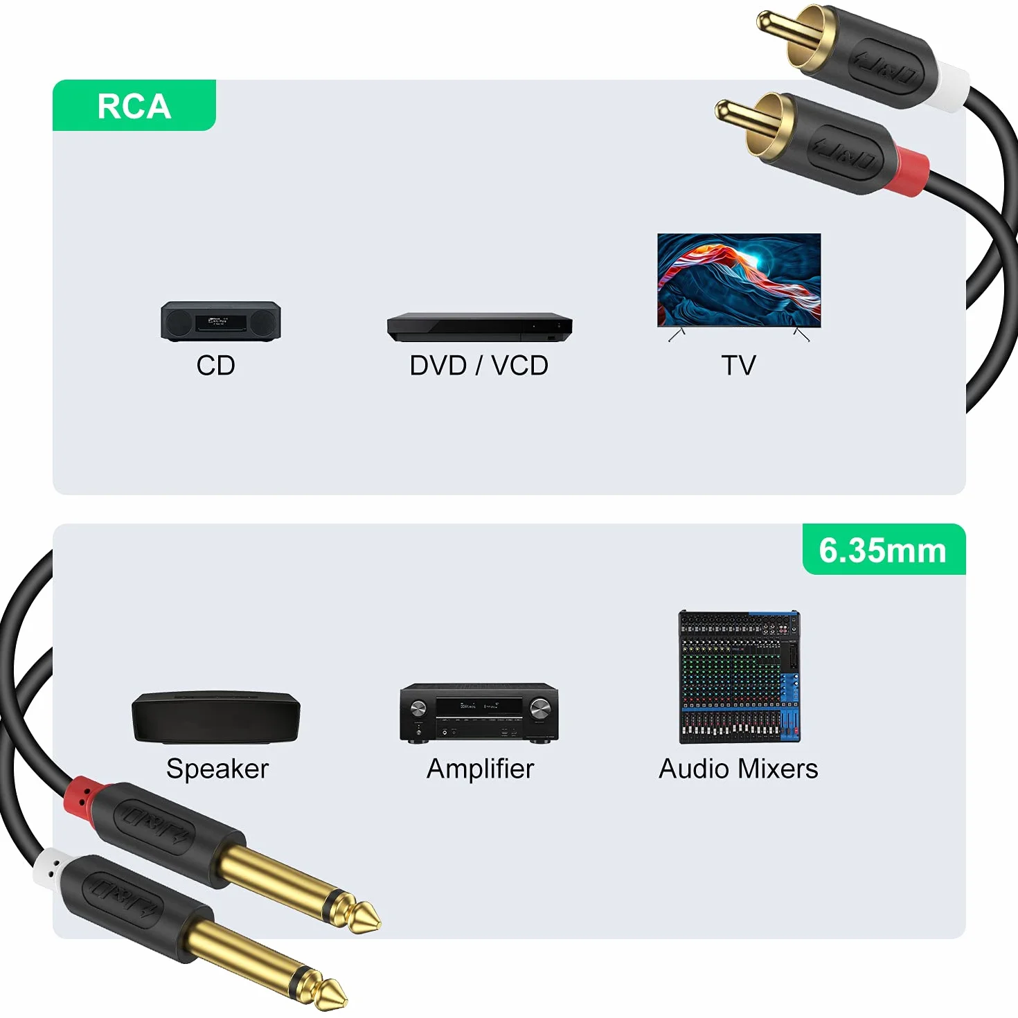 J&D Kabel cinch na 6,3 mm jack 0,9 m, pozłacany 2 x męski cinch na 2 x duży jack mono kabel audio do odbiornika AV, wzmacniacza, systemu audio HiFi, systemu kina domowego, głośników