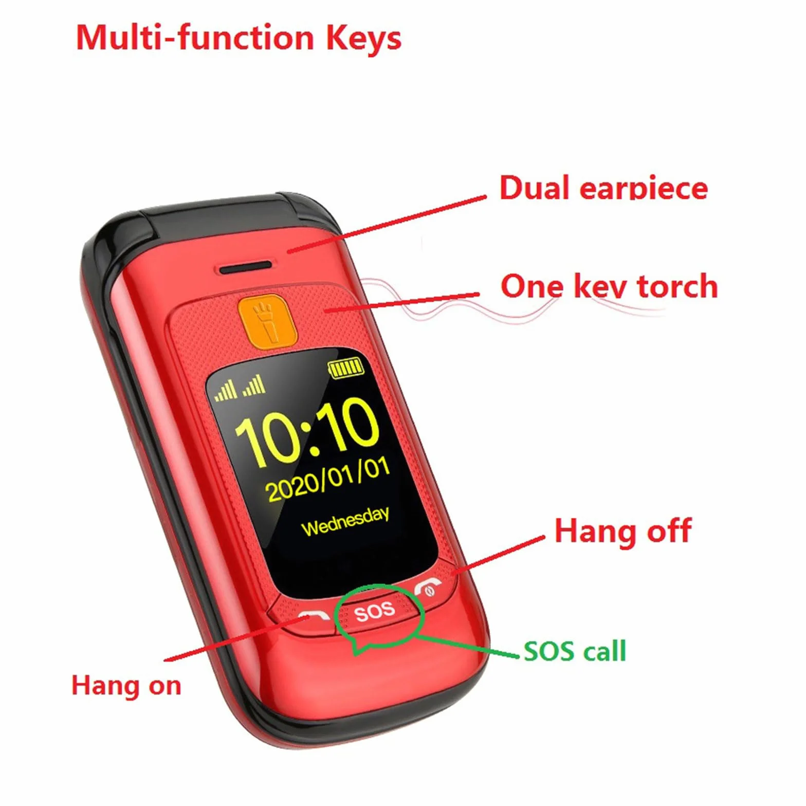 2,4-Calowy Duży Ekran Telefonu Komórkowego Klapką, Duża Czcionka Telefon Komórkowy Osób Starszych Podwójna Karta SIM Podwójny Tryb Gotowości+Funkcja SOS+Duże Przyciski Czysty Dźwięk,Red