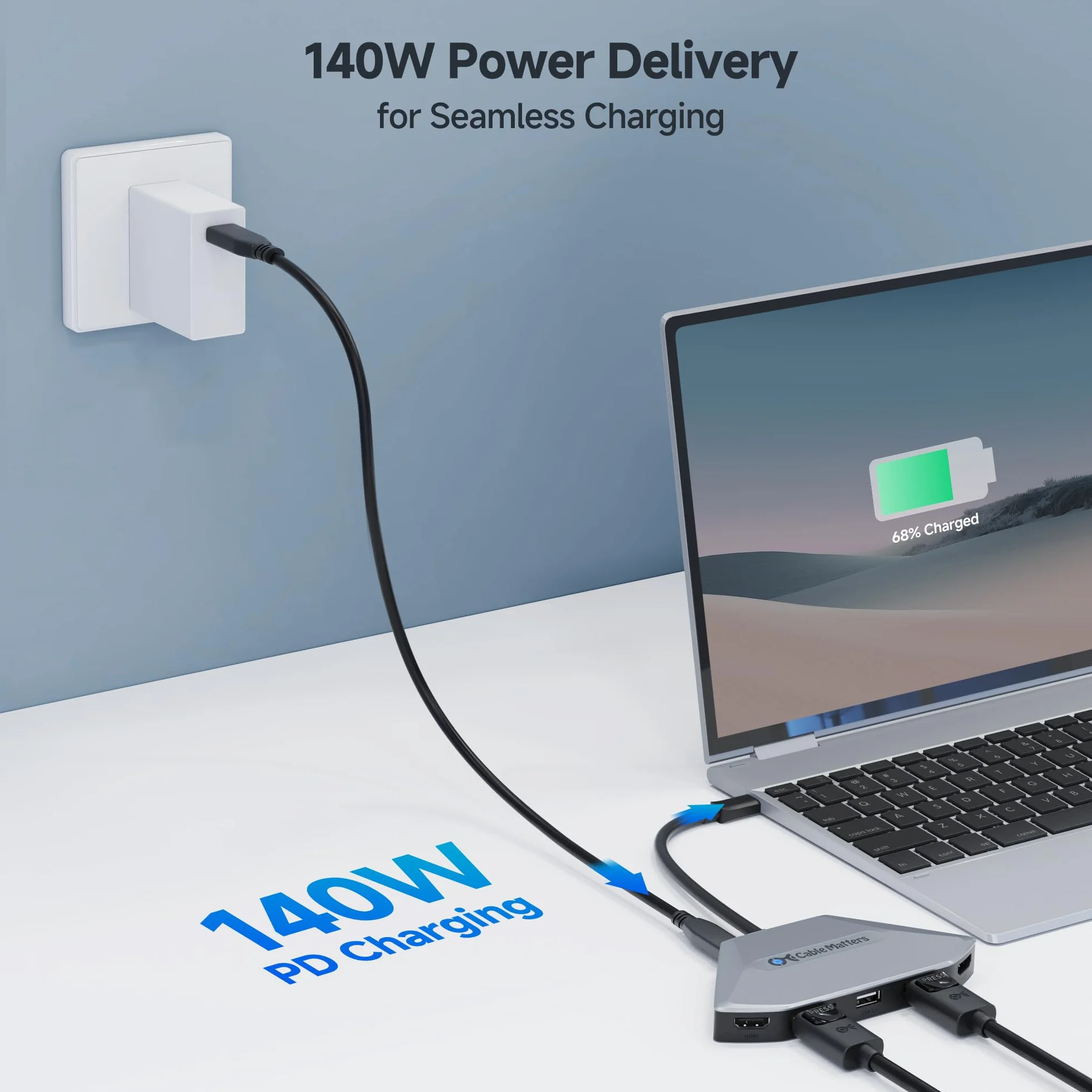 Cable Matters Adapter USB-C MST do 4 monitorów, HDMI/DisplayPort | 8K@60Hz lub 4x 4K@60Hz, ładowanie 140 W, 2x DisplayPort 2.1 i 2x HDMI 2.1, zgodny z Thunderbolt 5/4
