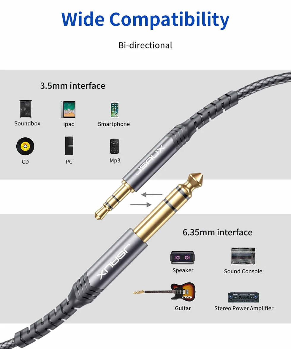 JSAUX Kabel jack 3,5 mm na 6,35 mm 3 m, pleciony nylonowy AUX Audio Stereo