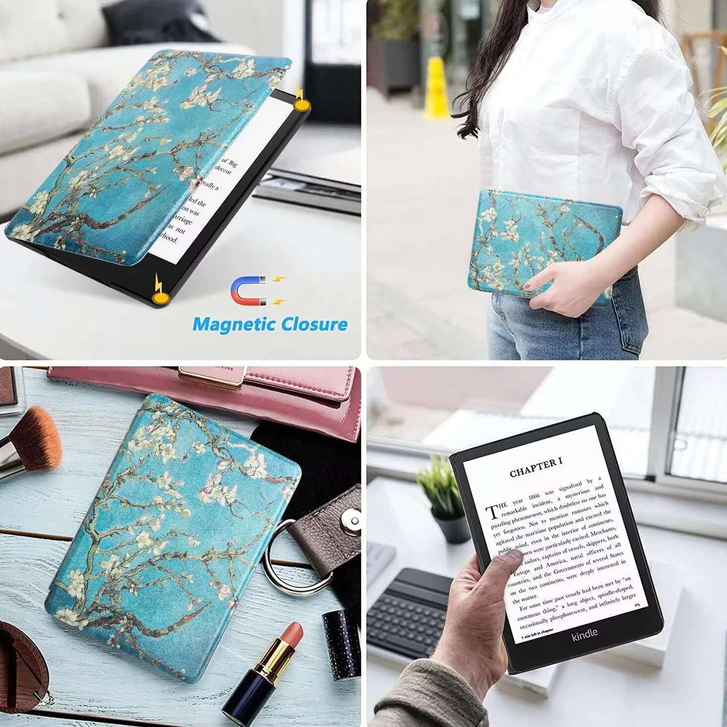 MOKASE Etui Compatible with Kindle Paperwhite 7„ (12. generacja, 2024) i Kindle Colorsoft Signature Edition, ultracienkie etui ochronne ze skóry PU z paskiem na rękę do czytnika 7” 2024, Blossom
