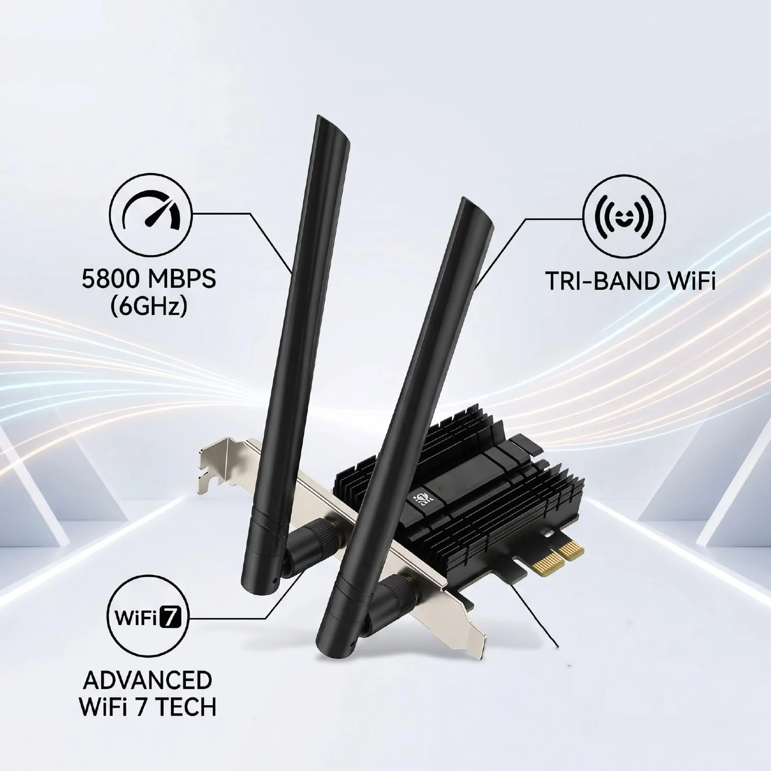 Bewinner Karta WiFi 7 PCIe, Trójzakresowy BE200 NGW 8774Mbps, Bluetooth 5.4 | Trójzakresowy 8774 Mb/s, 6 GHz 5 GHz 2,4 GHz, Bluetooth 5.4, dwie anteny, adapter PCIe do komputerów stacjonarnych, system